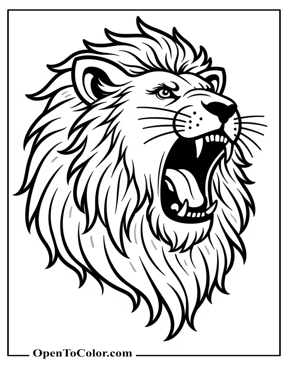 Free Coloring Sheet of Roaring Lion Head With Jagged Mane Lines And Wind Streaks