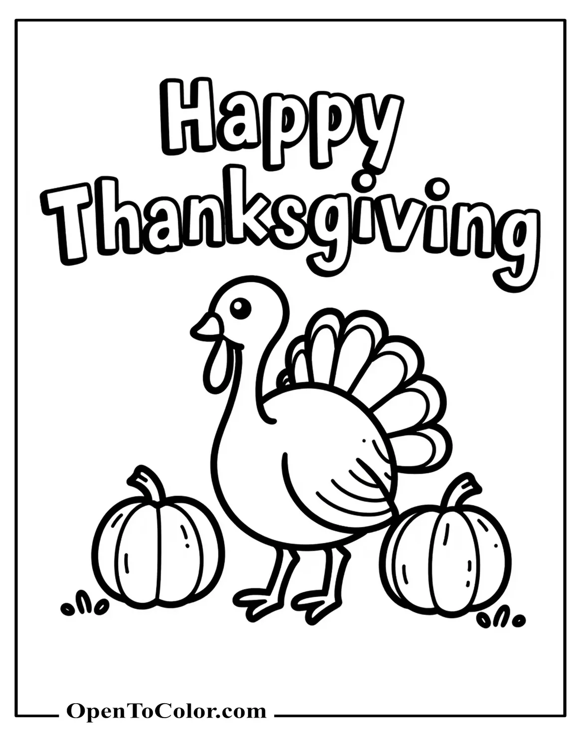 Bold Heading Thanksgiving Coloring Sheet With A Small Turkey And Two Pumpkins Printable