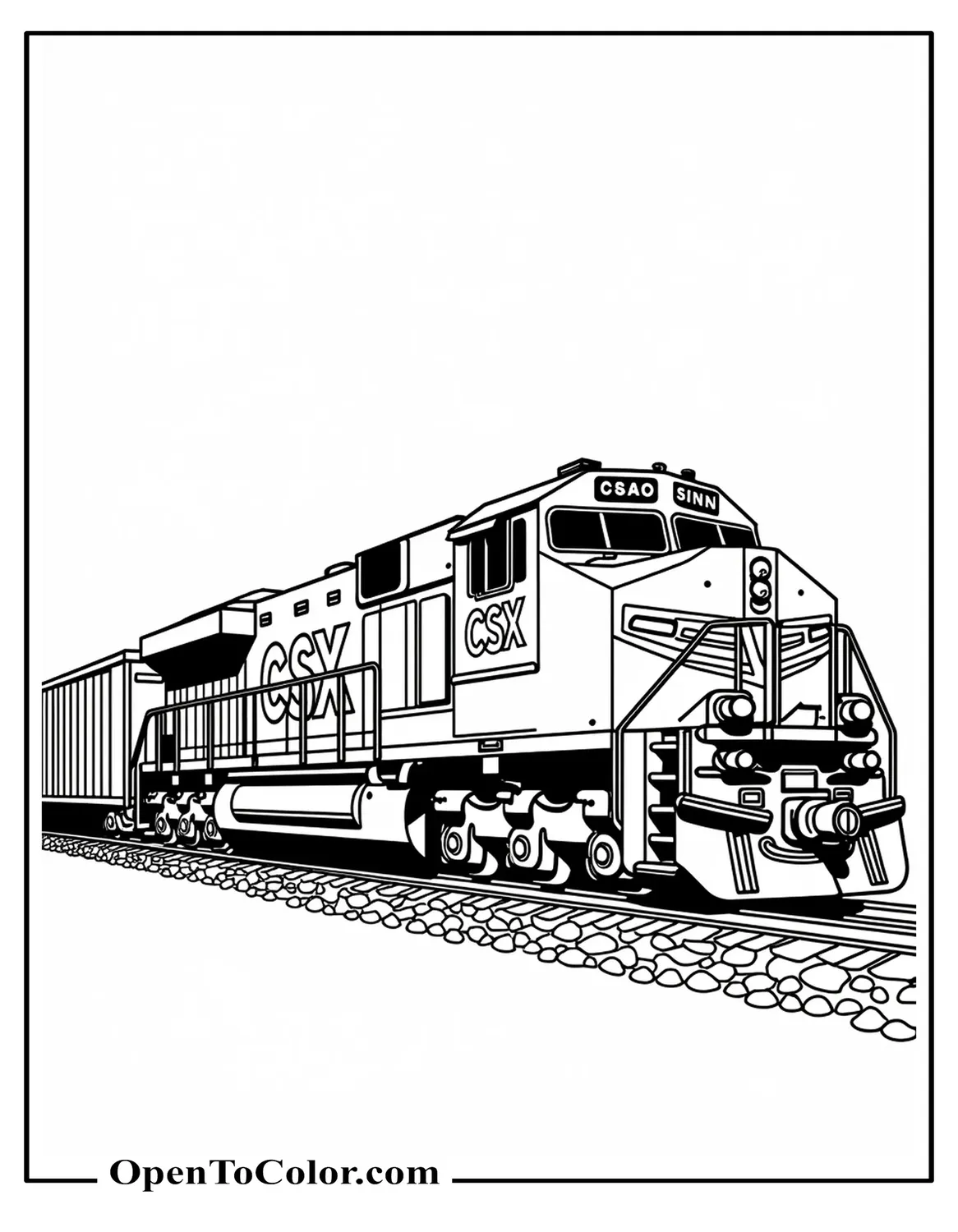 Printable coloring page of a diesel locomotive with large CSX letters on the side pulling mixed freight.