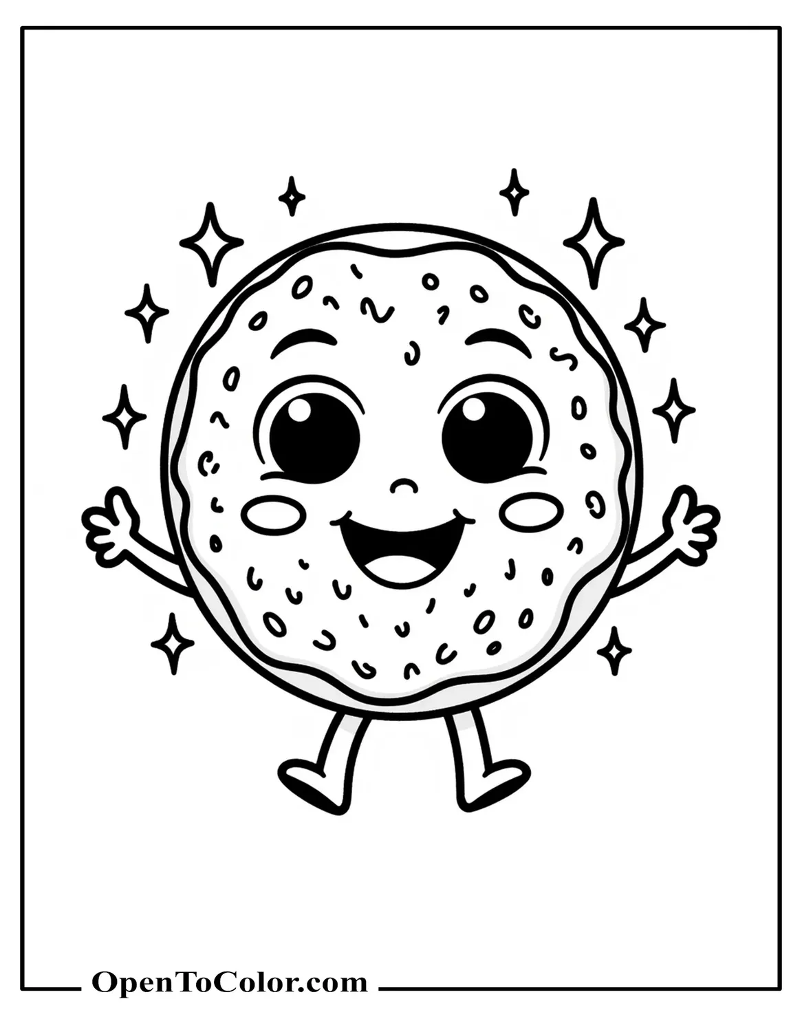 Funko Pop Style Donut Mascot Coloring Sheet PDF Smiling With Tiny Limbs And Big Round Eyes Small Stars Around