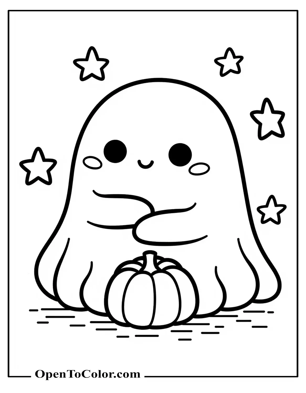 Chibi ghost hugging a small pumpkin, stars around, printable coloring sheet.