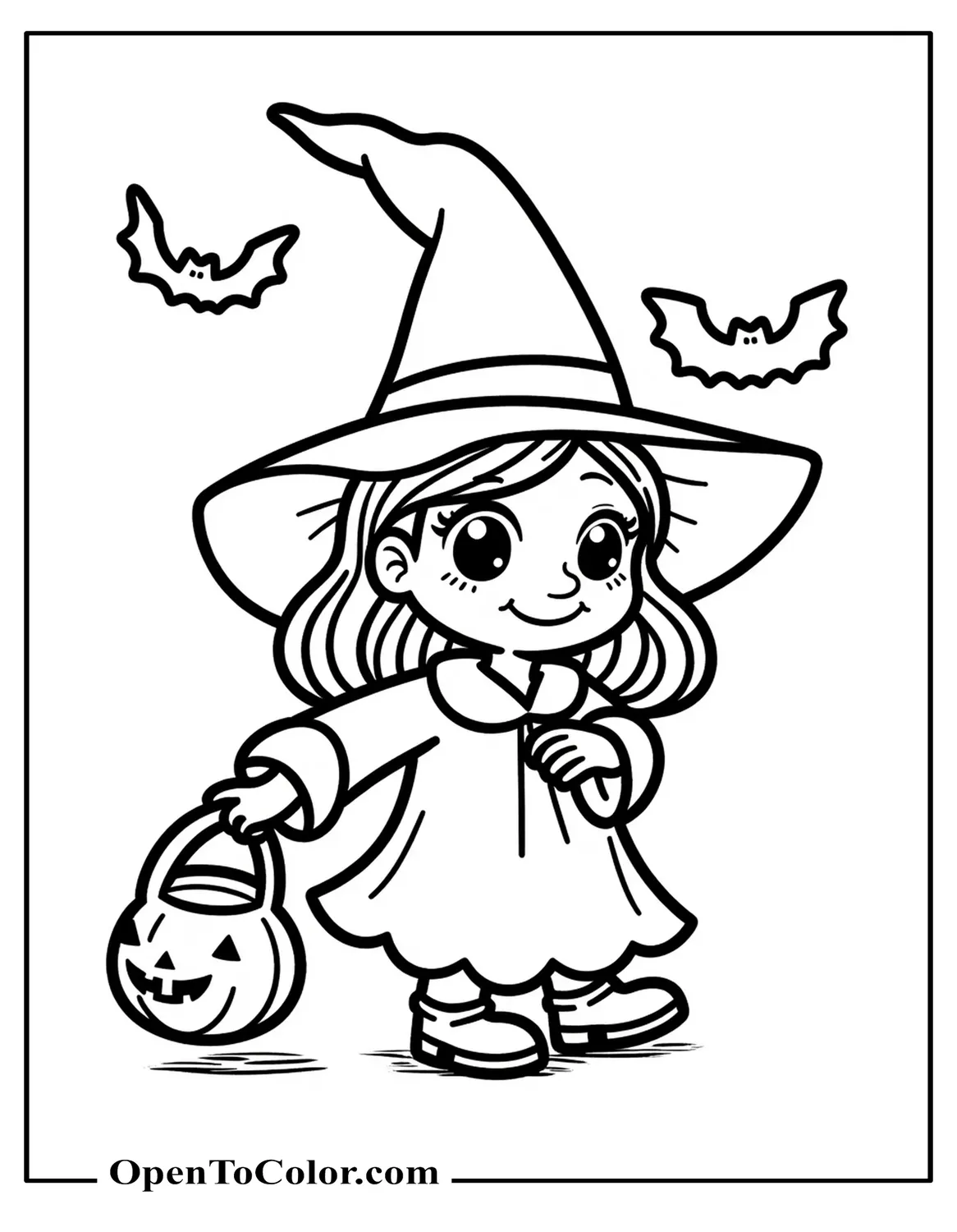 Cute chibi old witch carrying a pumpkin pail bat banner hanging overhead, coloring sheet PDF.