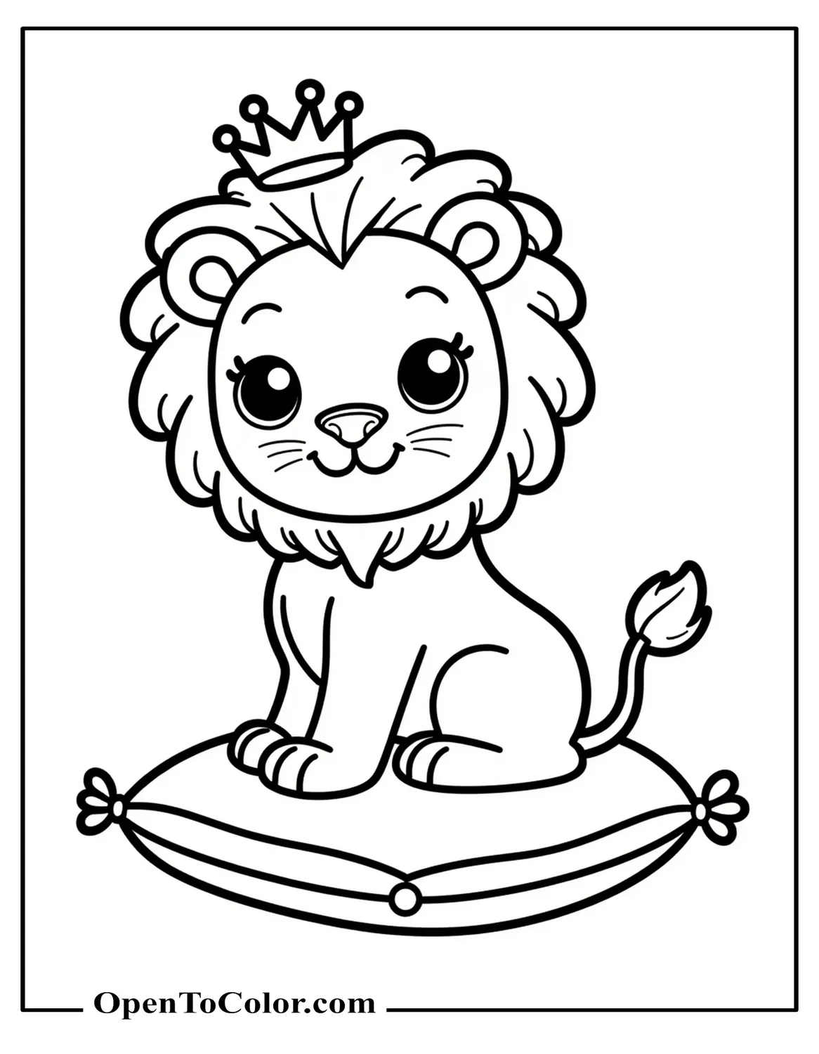 Cute Lion With Round Face And Small Crown Sitting On A Cushion Coloring Page PDF