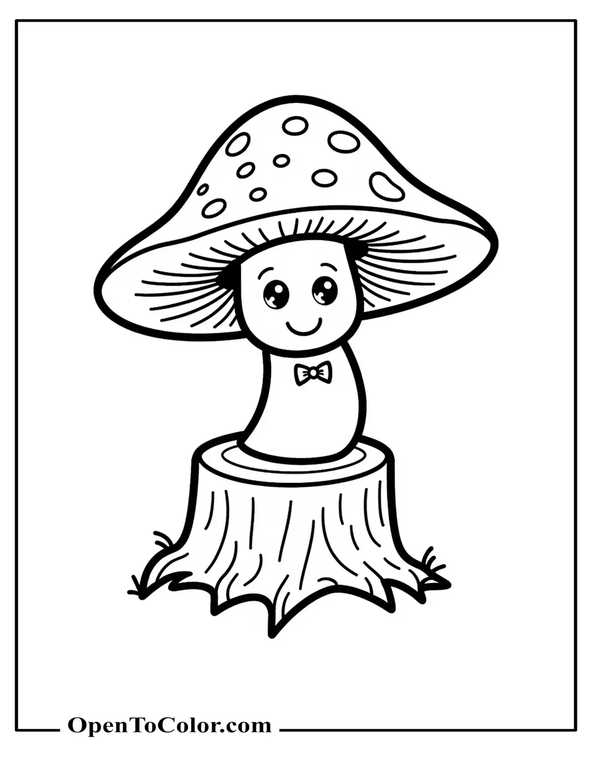 Printable Coloring Sheet of a Cute Mushroom with Smiling Face Wearing a Small Bow Tie Standing on a Stump