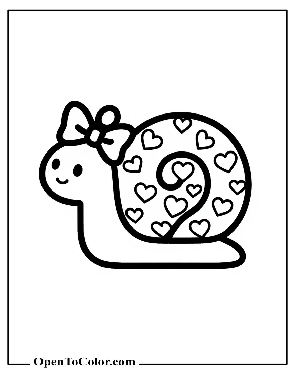 Sanrio style cute snail with heart patterned shell and a bow coloring sheet PDF.