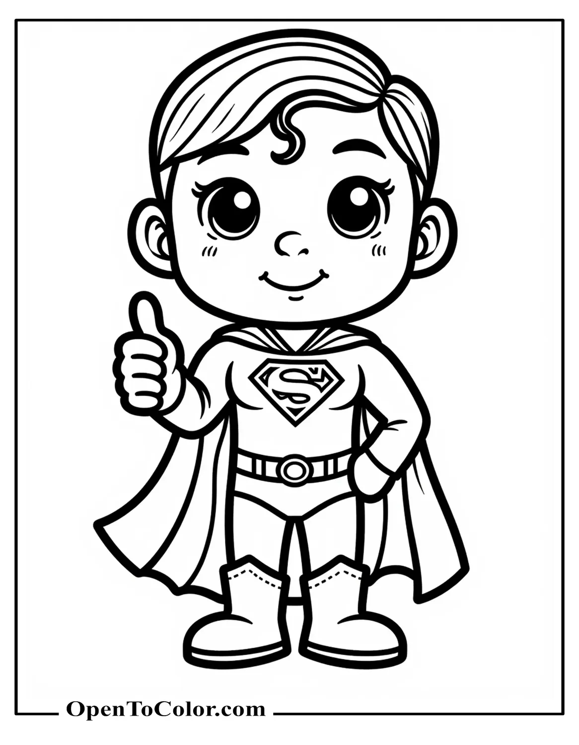 Printable Coloring Page of Cute Cartoon Superman Giving a Thumbs-Up, Oversized Head and Friendly Eyes