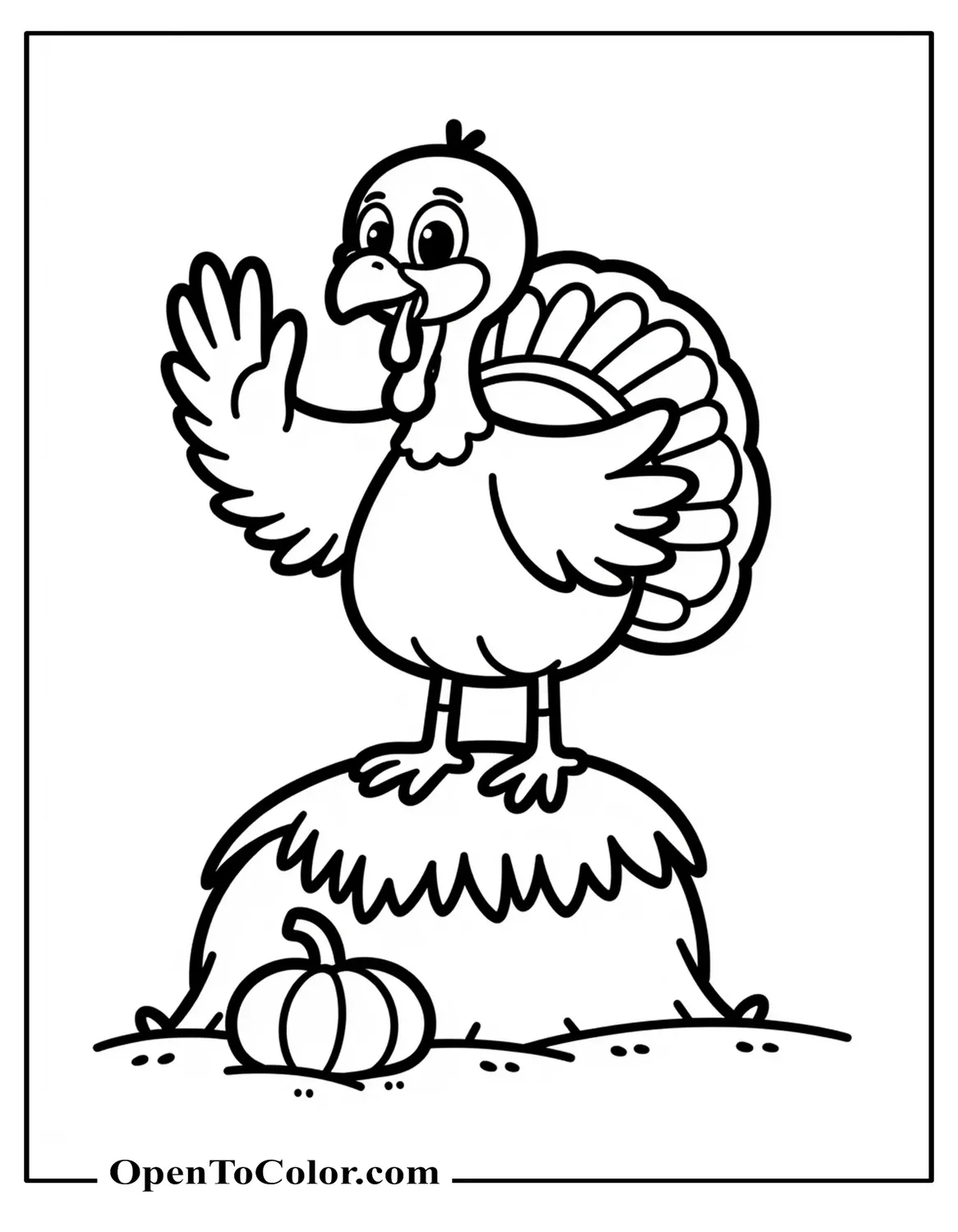 Free Coloring Page of a Cute Turkey Waving While Standing on a Hay Bale with a Small Pumpkin