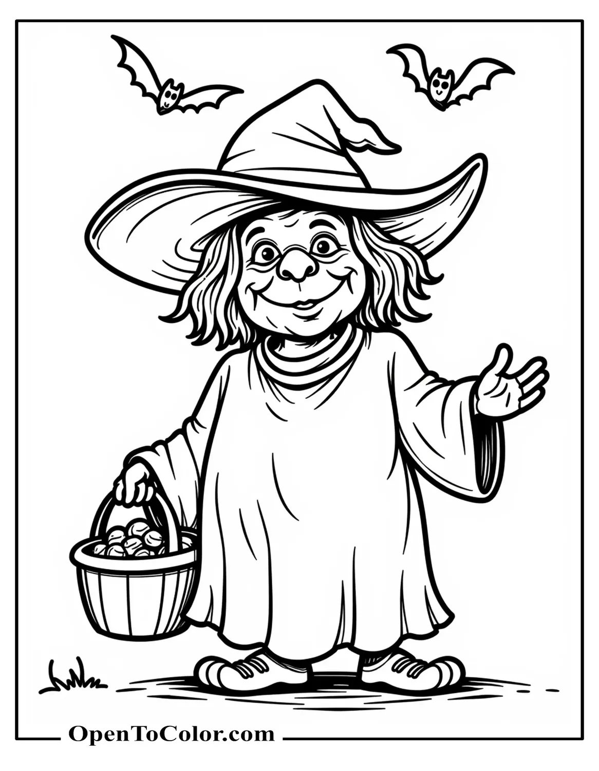 Cartoon old ugly witch waving and holding a candy bucket with two tiny bats above, printable coloring sheet.