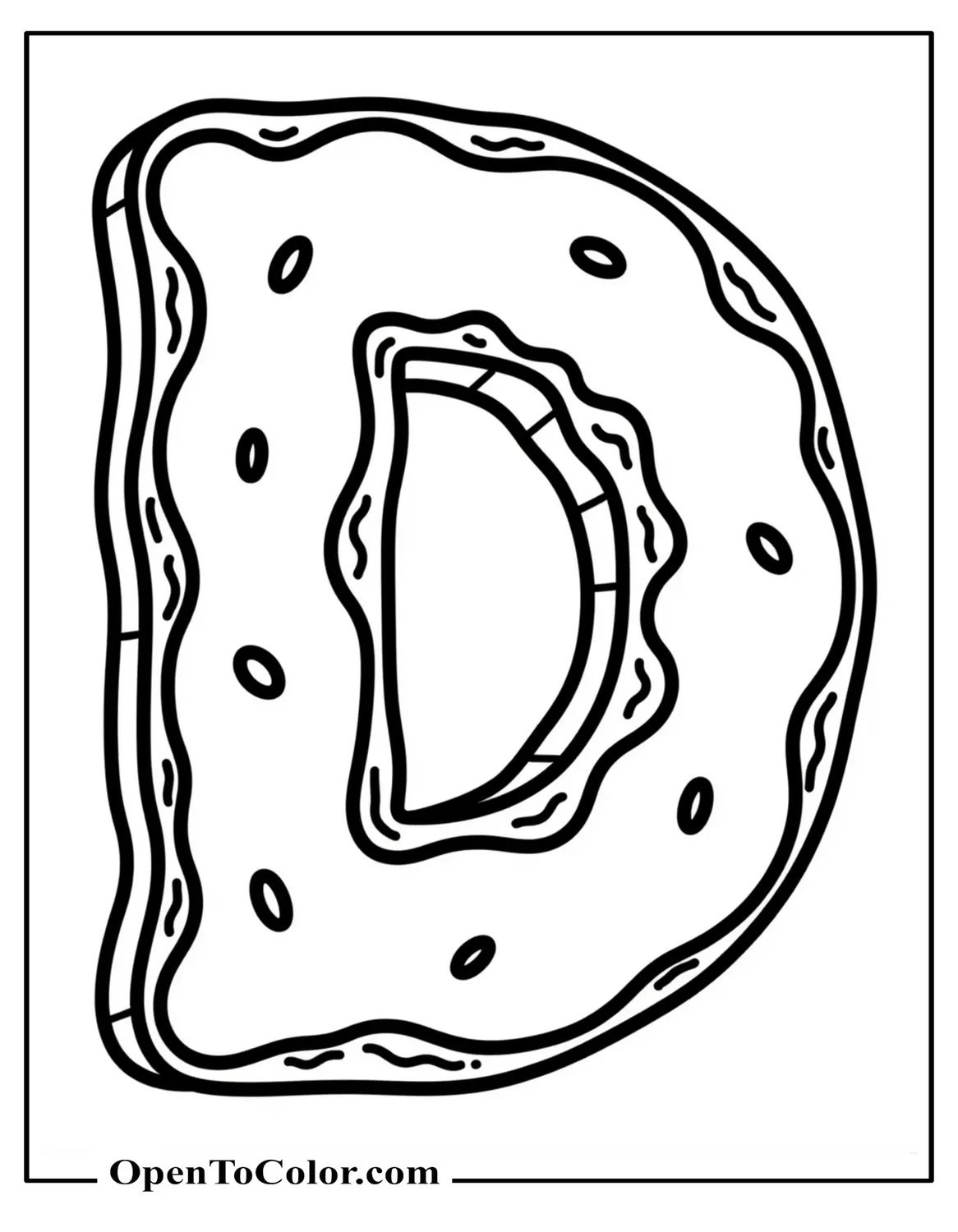 Free Coloring Sheet Featuring A Big Letter D Next To A Donut Where The Hole Forms The Inside Of The D Block Lettering