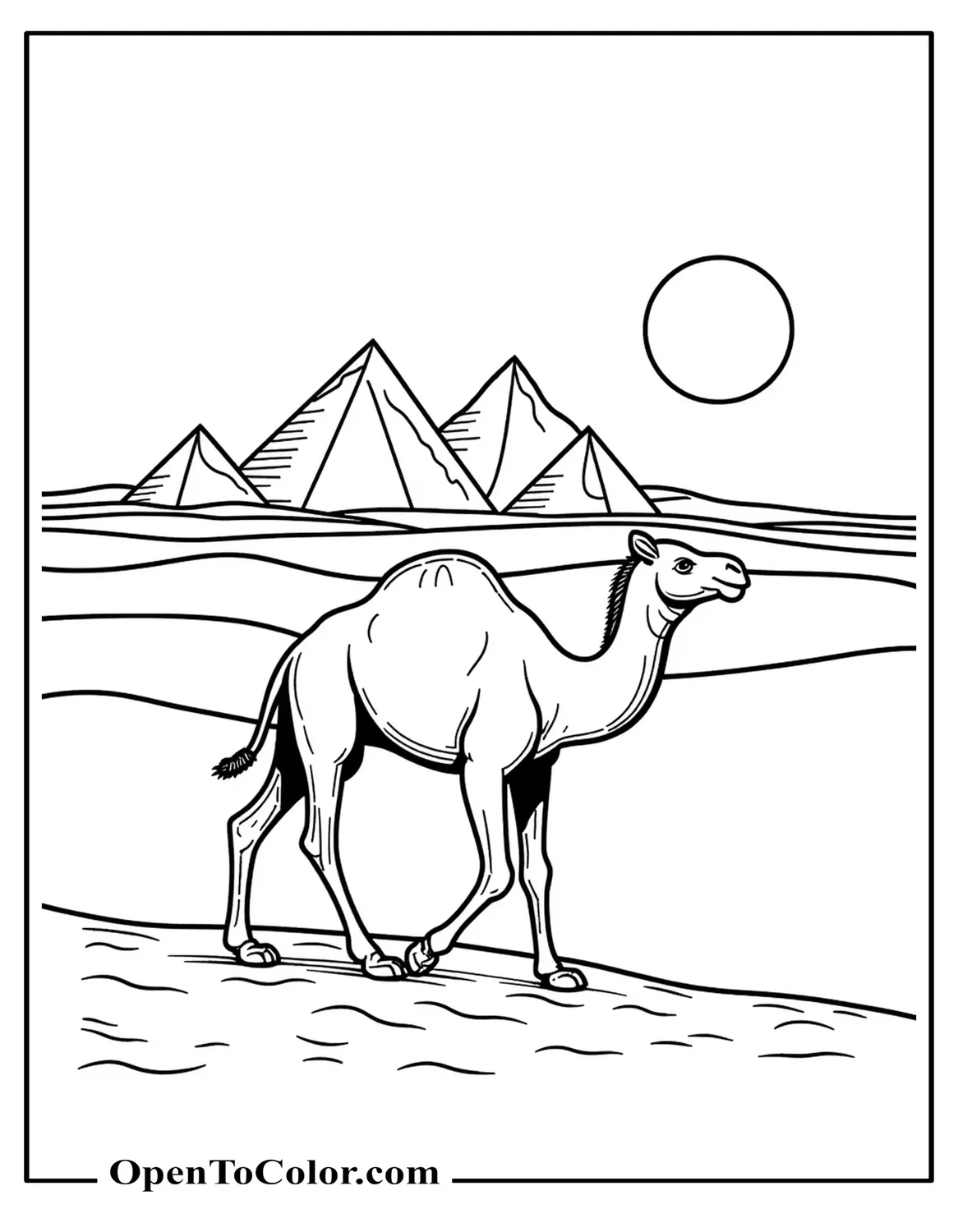 Free Coloring Sheet of Camel Walking Across Dunes With Distant Pyramids and a Sun Disk
