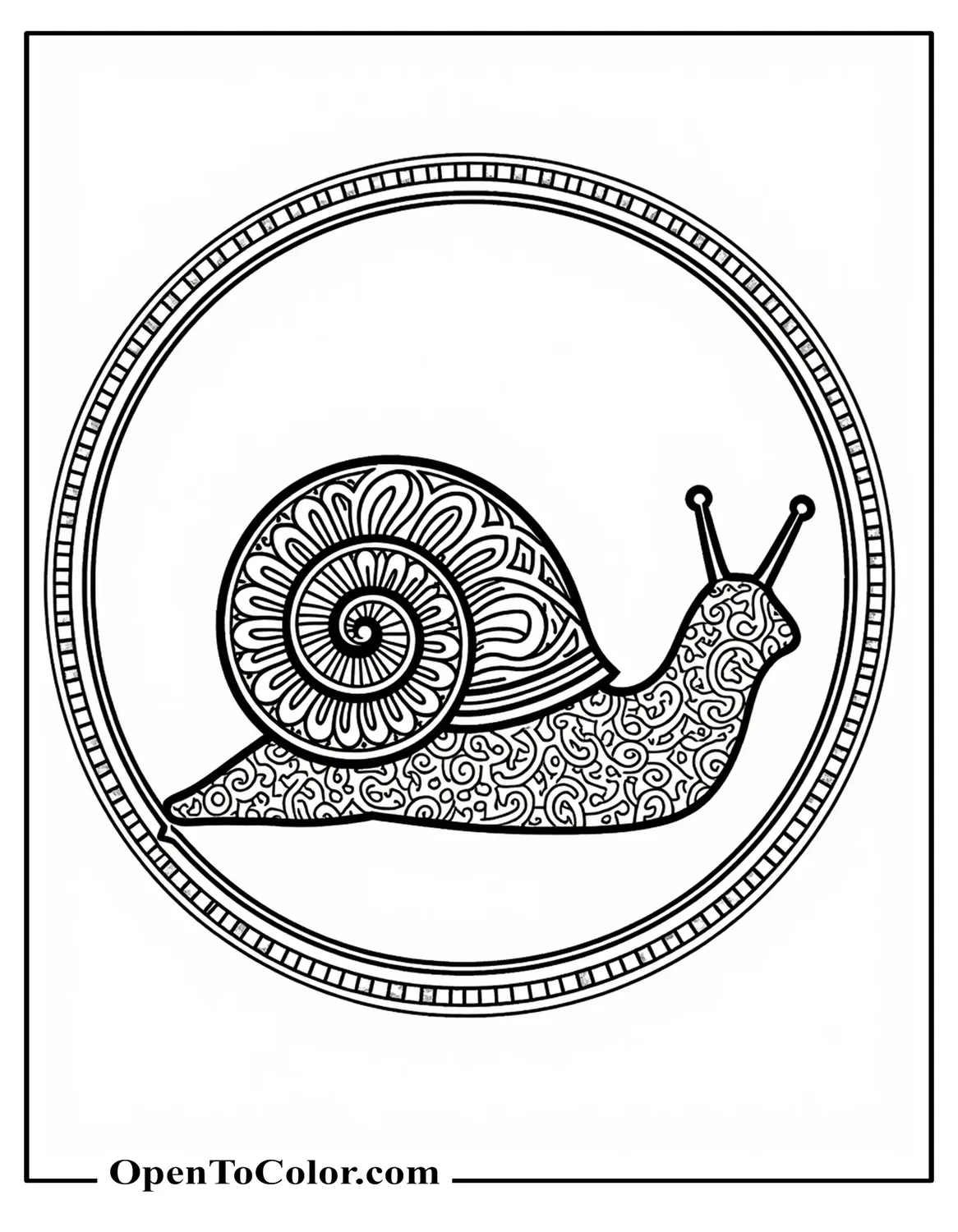 Printable coloring sheet of snail silhouette filled with detailed mandala patterns in a circle frame.