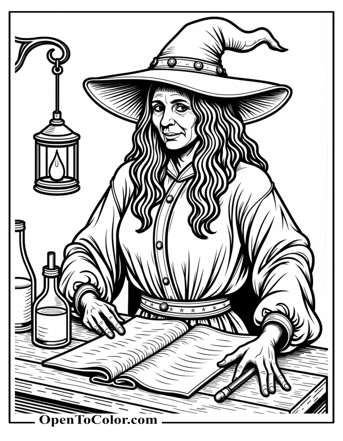 Highly Detailed Old Witch At An Apothecary Table Scrolls Vials And A Hanging Lantern Printable Coloring Sheet