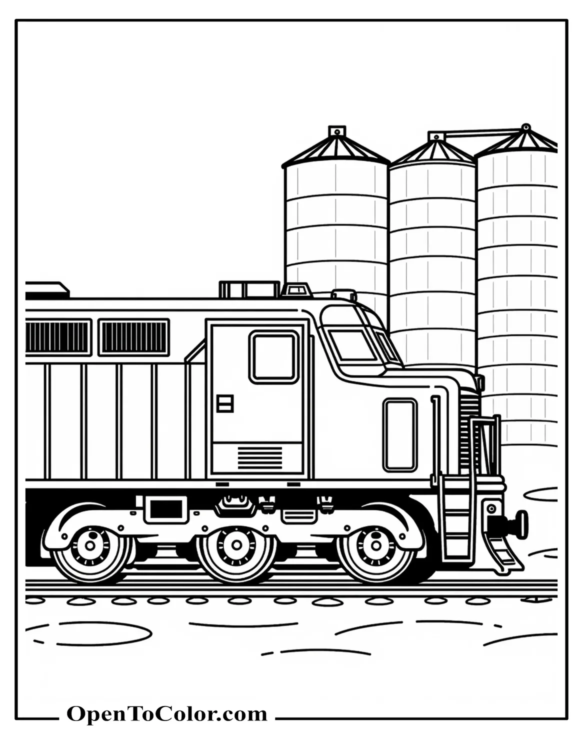 Free Coloring Sheet: Boxy Diesel Engine Side View with Vents and Handrails Passing Grain Silos