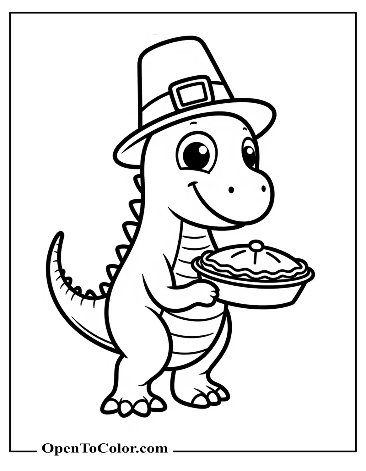Free Coloring Page of a Cartoon Dinosaur Wearing a Pilgrim Hat Carrying a Pie