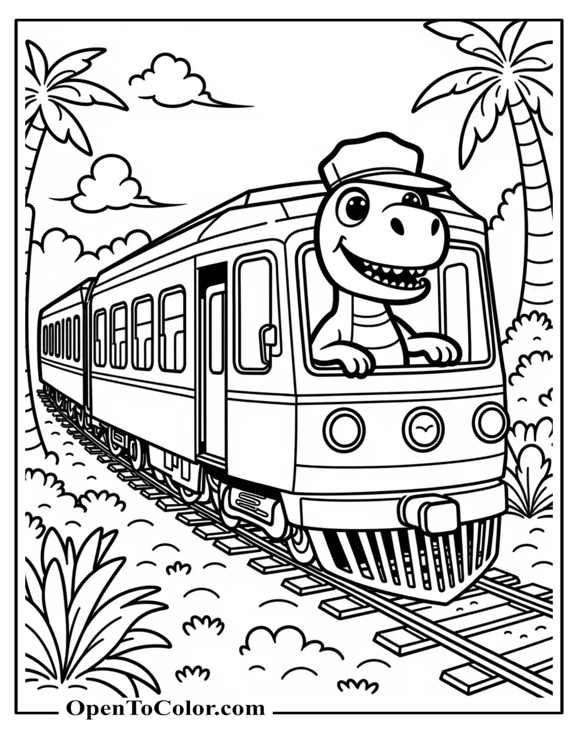 Cute Cartoon Dinosaur Conductor Leaning From A Small Engine Window On Jungle Tracks Coloring Sheet PDF