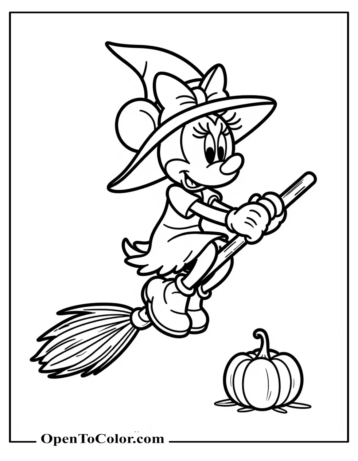 Minnie Mouse in a Witch Hat Riding a Broom Over a Small Pumpkin Coloring Page Printable