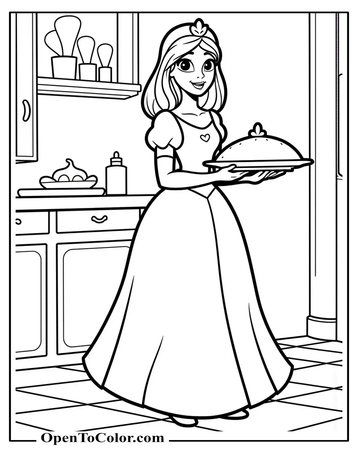Disney Princess Carrying A Pie Tray In A Castle Kitchen Coloring Page Printable