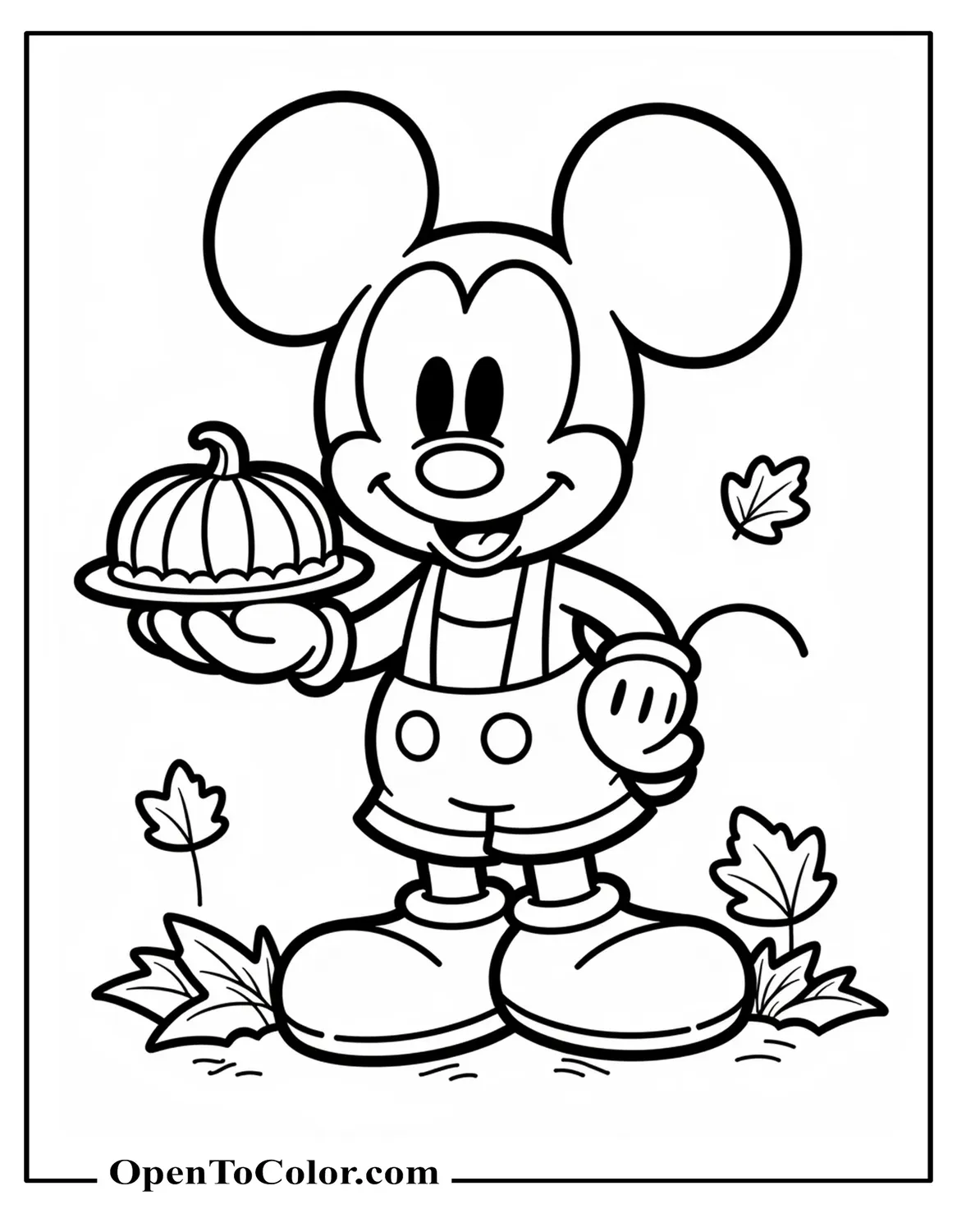 Free Disney Chibi Mickey Coloring Sheet Holding a Tiny Pumpkin Pie with Falling Leaves Behind