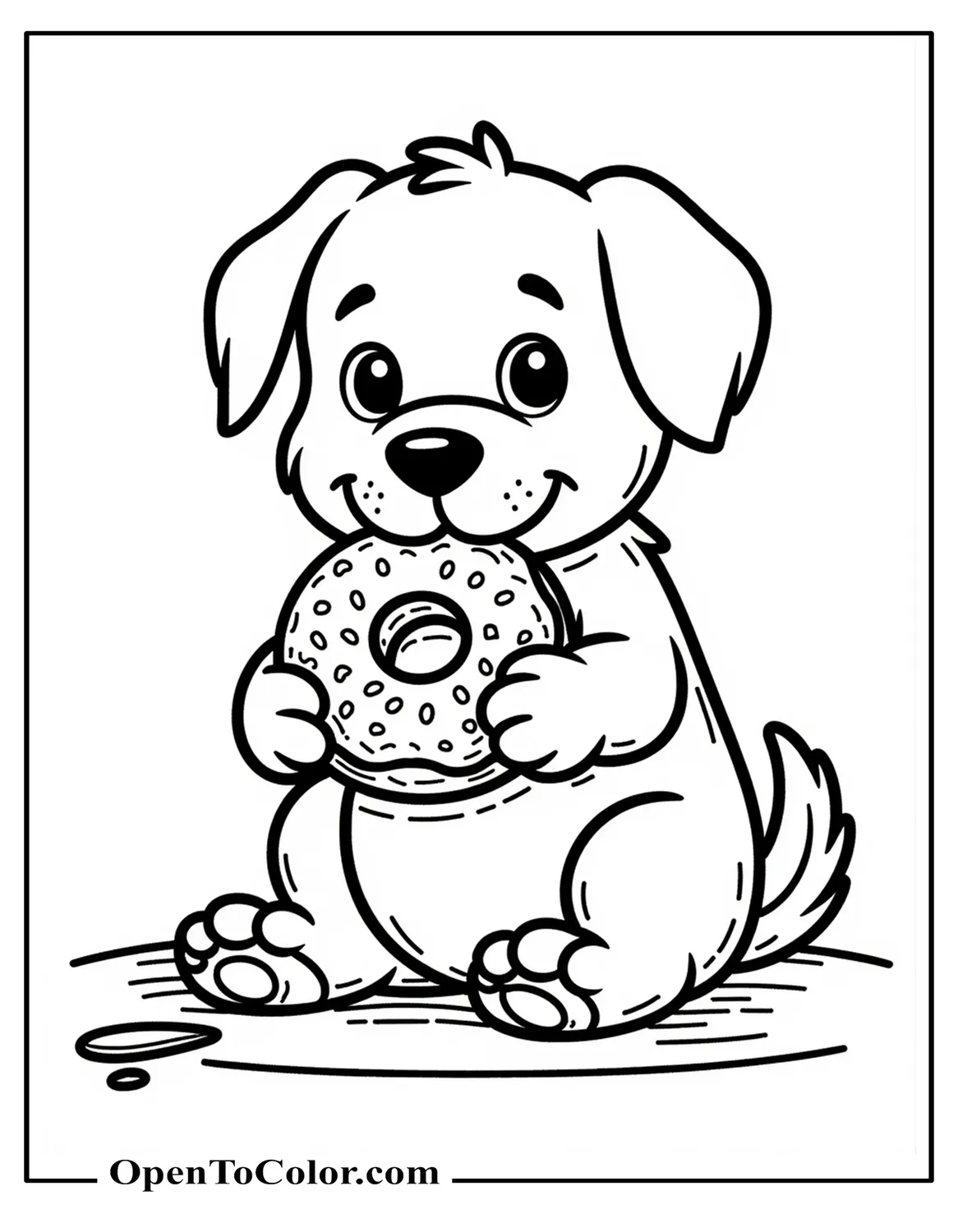 Printable Coloring Page: Puppy Sitting With a Donut in Paws, Bite Mark and a Few Crumbs on the Floor