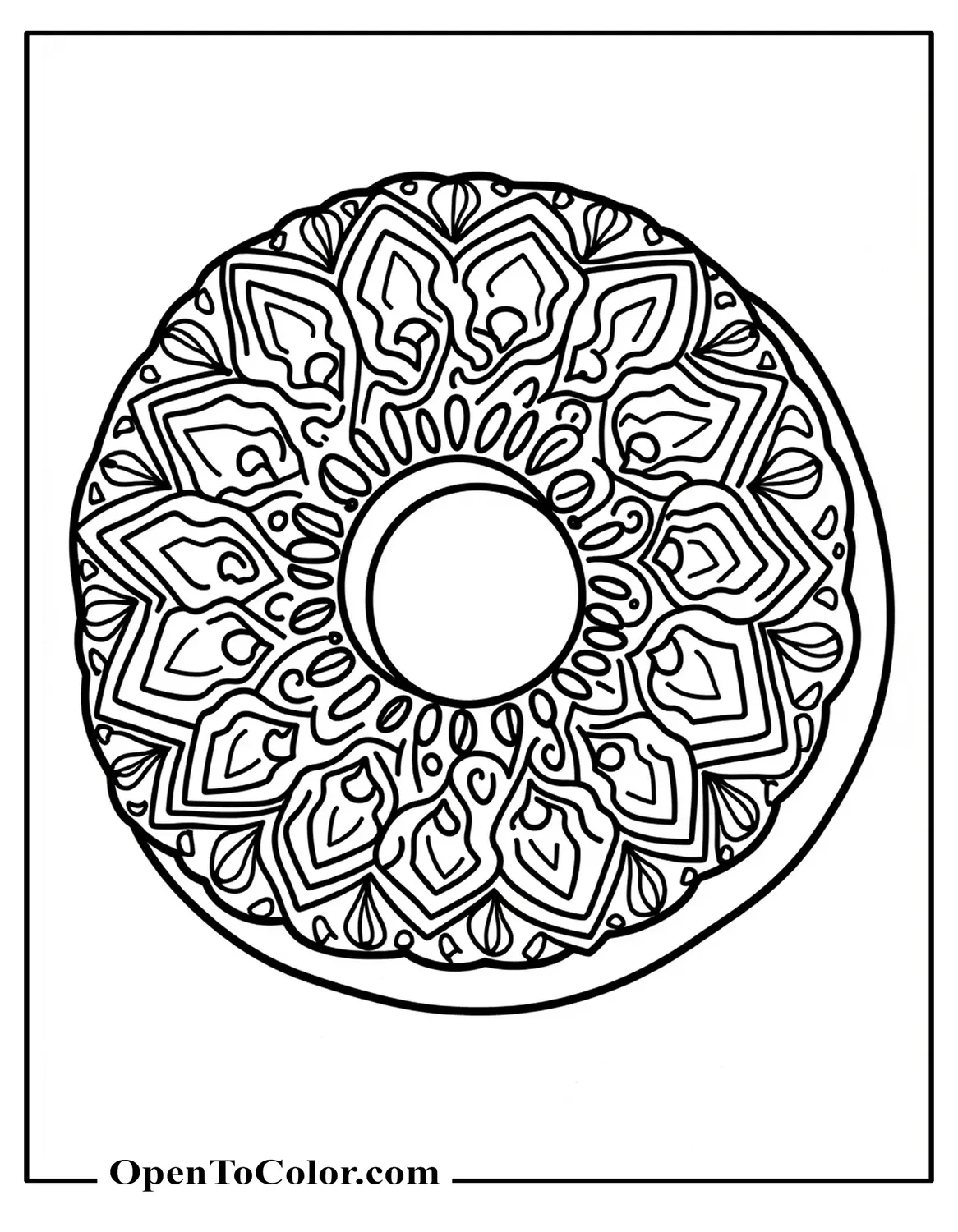 Ornate donut coloring sheet filled with detailed geometric and floral patterns, printable adult complexity