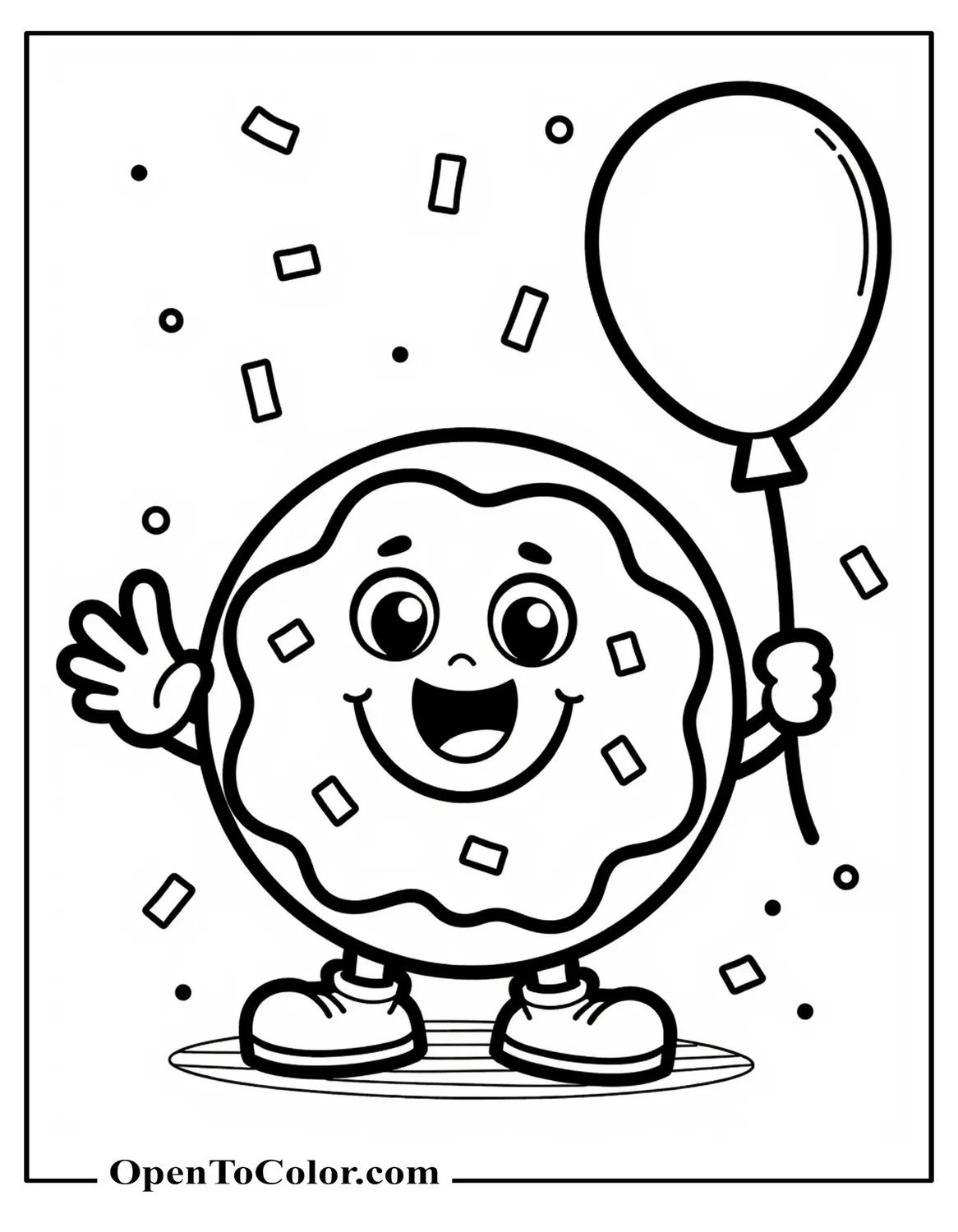 Large Cartoon Donut Waving Holding A Single Balloon Kid-Style Confetti Sprinkles Around Printable Coloring Sheet