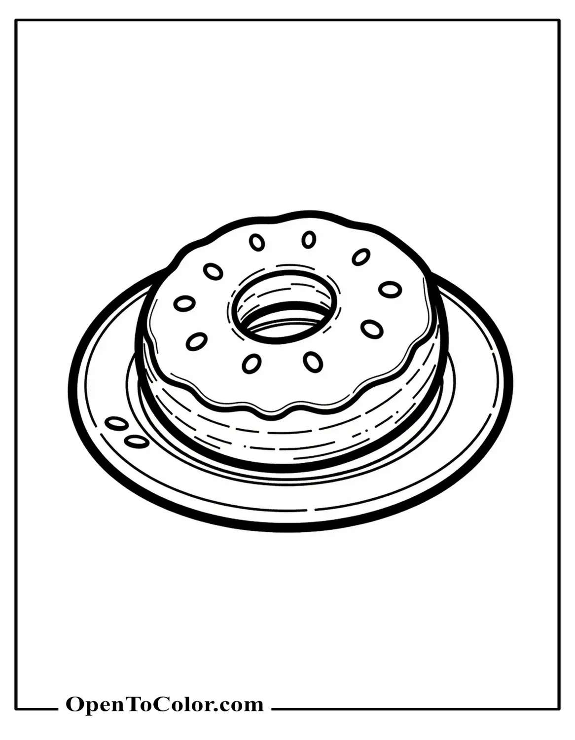 Single frosted ring donut on a plate three-quarter view a few crumbs on the table coloring page PDF.