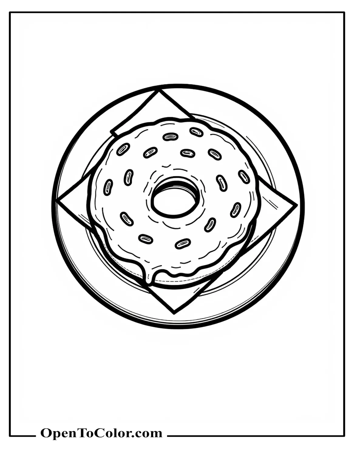 Printable Coloring Sheet of a Top-Down Ring Donut with Icing Drip on a Small Plate with a Folded Napkin