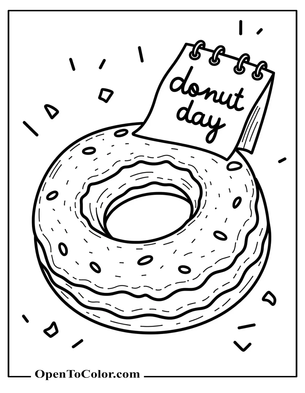 Large Donut Beside a Calendar Page Labeled Donut Day with Simple Confetti Around, Printable Coloring Page