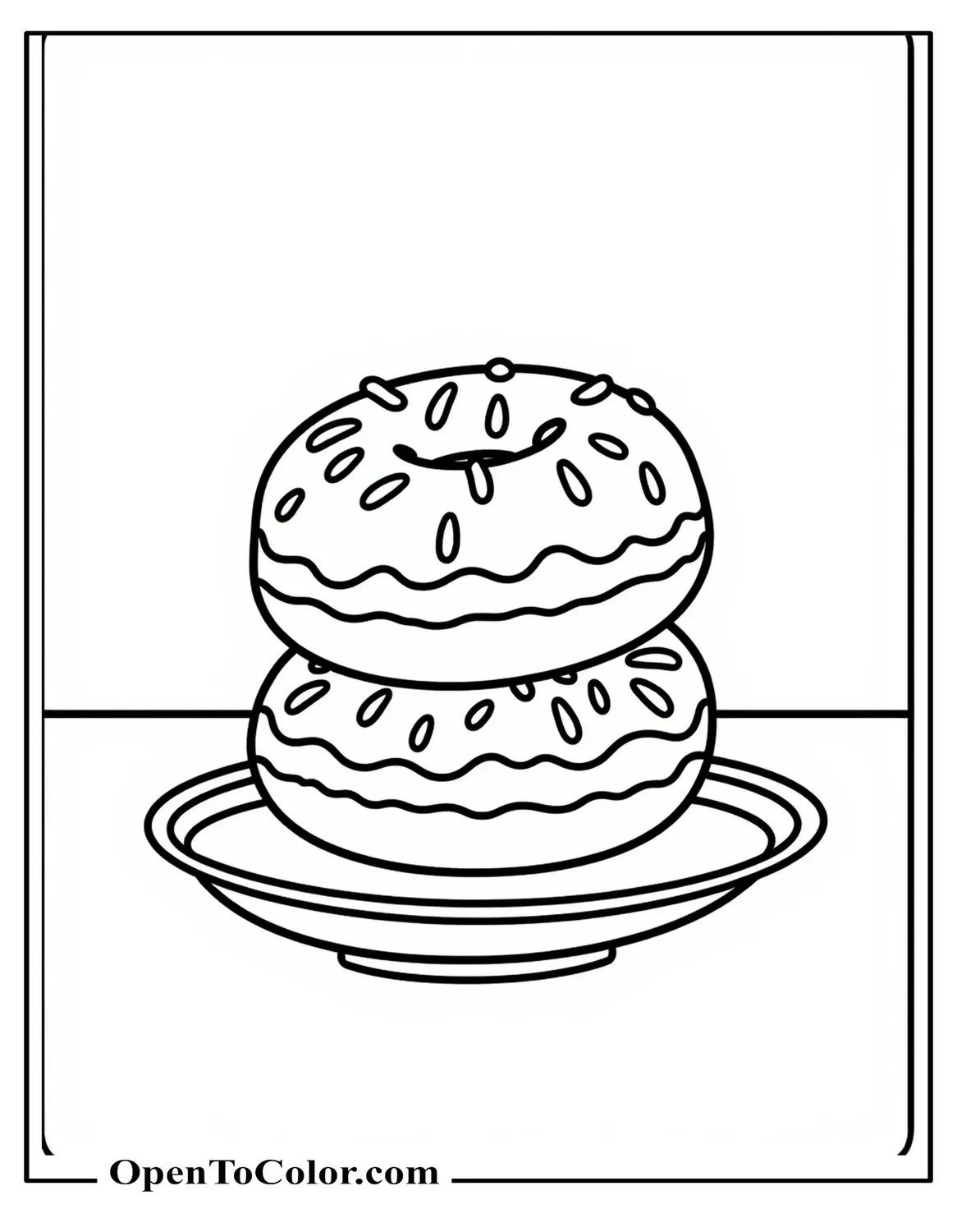 Free Coloring Page: Two Stacked Donuts Slightly Tilted on a Saucer Simple Counter Surface Behind