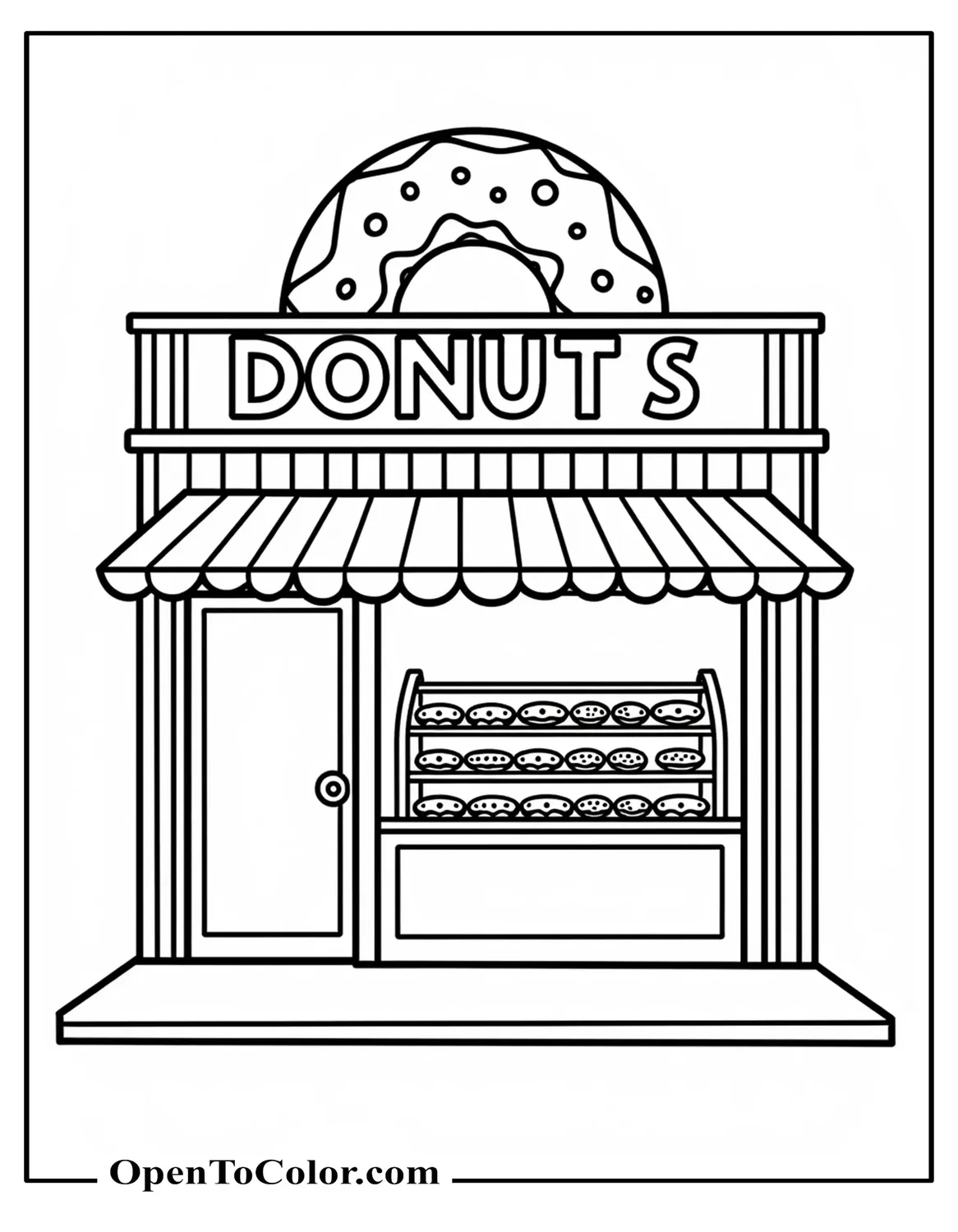 Donut Shop Storefront Coloring Page PDF With A Giant Donut Sign And Striped Awning Display Case Visible No People