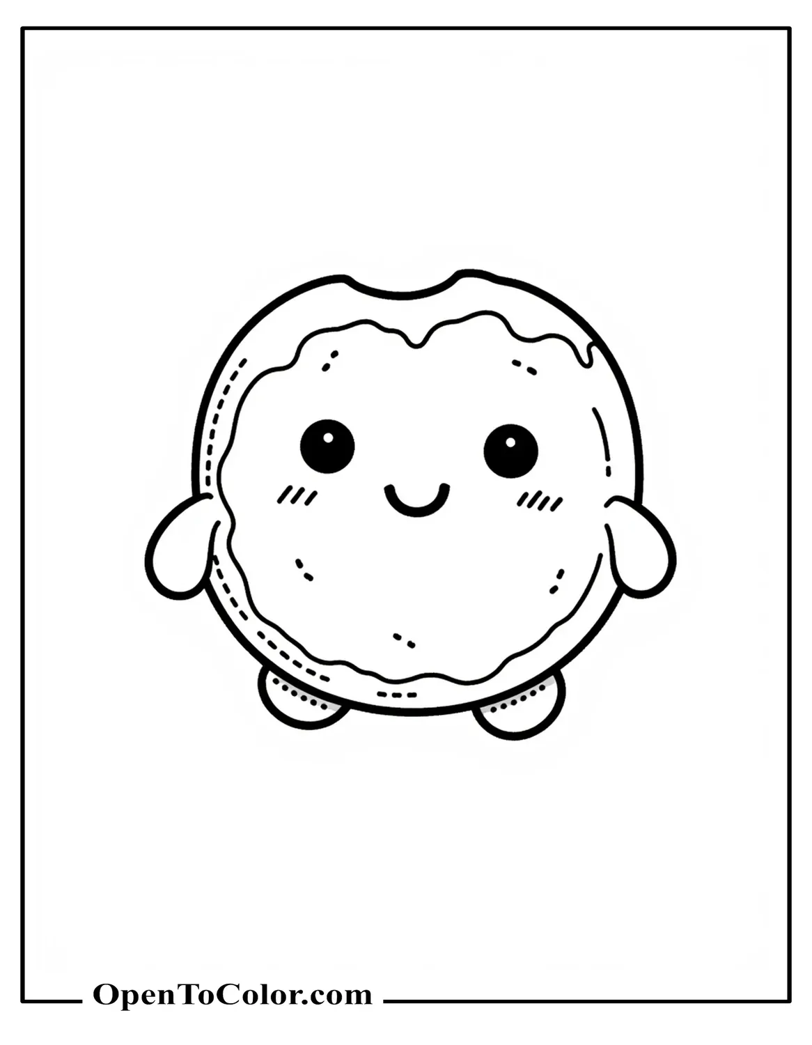 Free Coloring Page of Plush Squishmallow Donut with Stitched Face, Tiny Arms, and Short Legs, Front View