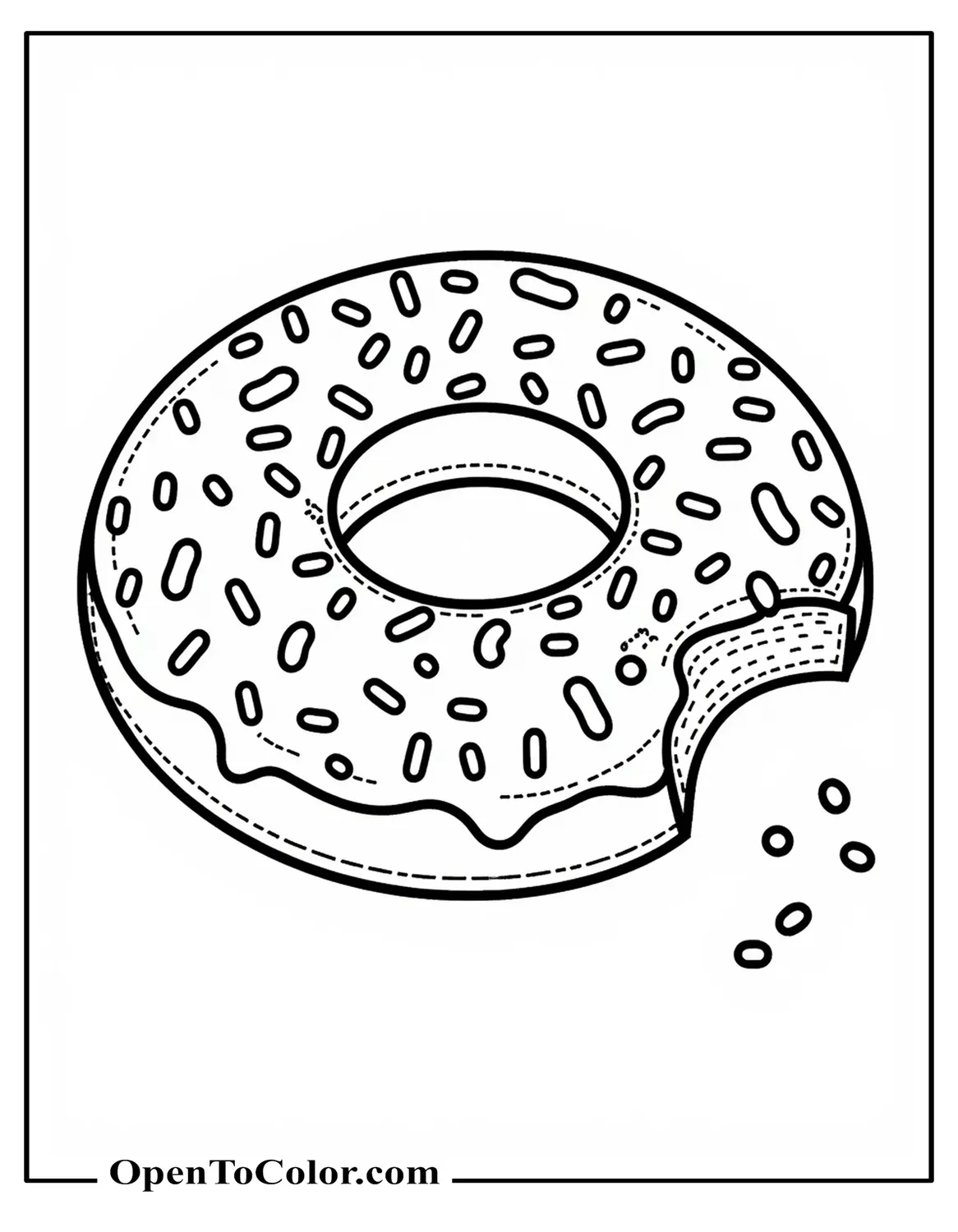 Donut fully covered in sprinkles with one bite taken crumbs below coloring sheet PDF.