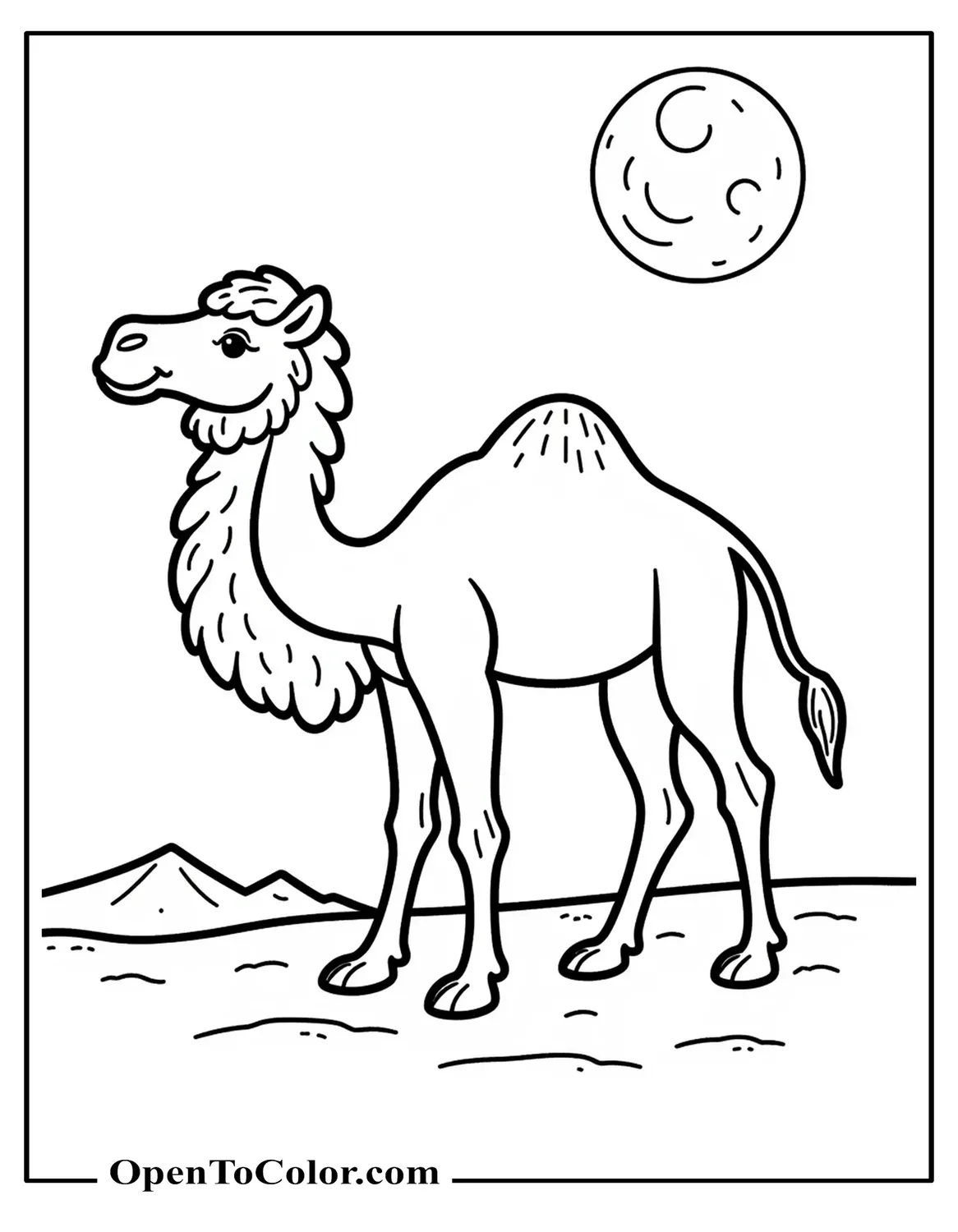 Dromedary Camel With One Hump, Gentle Pose, Small Dune And Moon, Coloring Sheet PDF