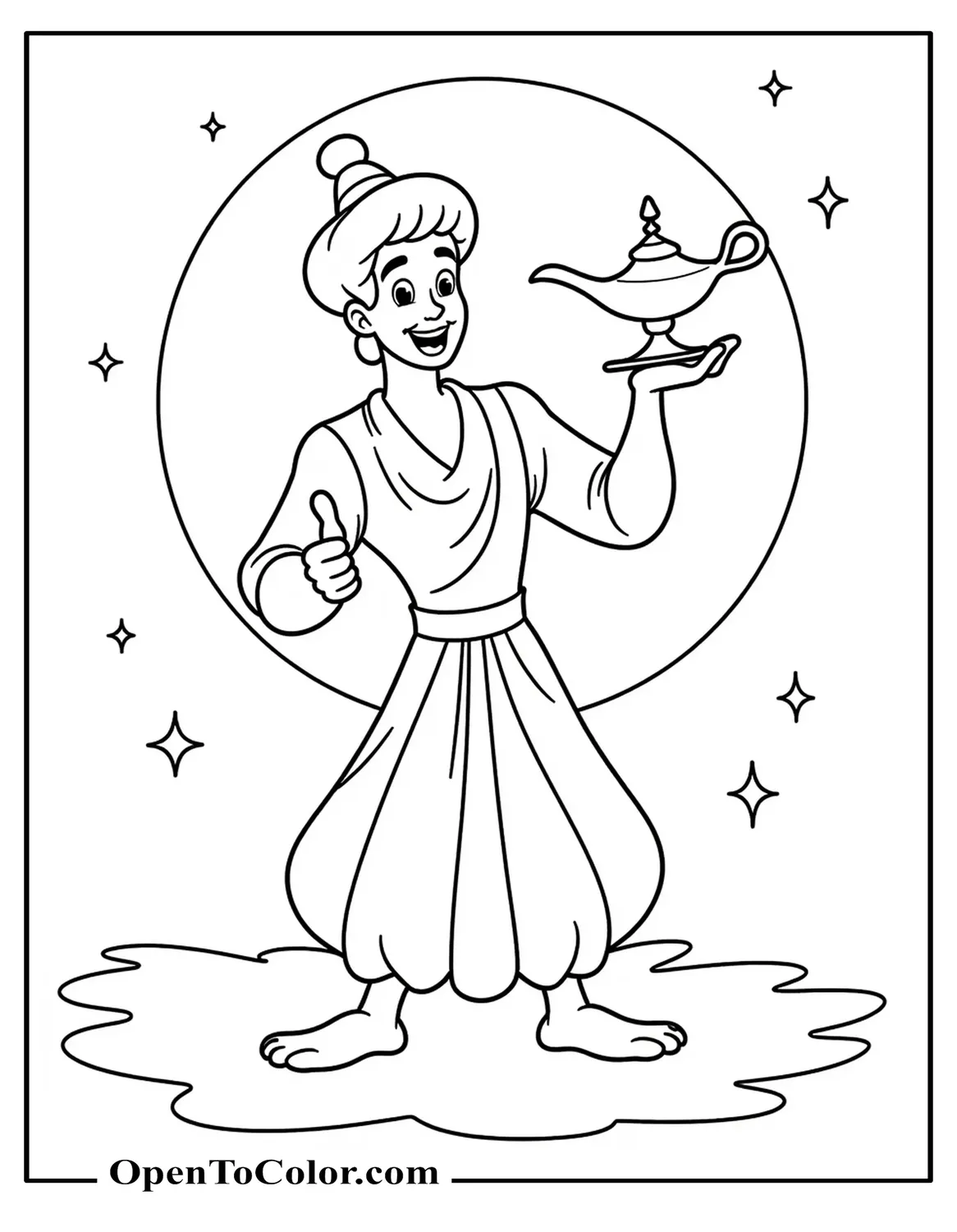 Free Coloring Page of Aladdin Offering the Lamp with a Friendly Thumbs Up, Starburst Backdrop