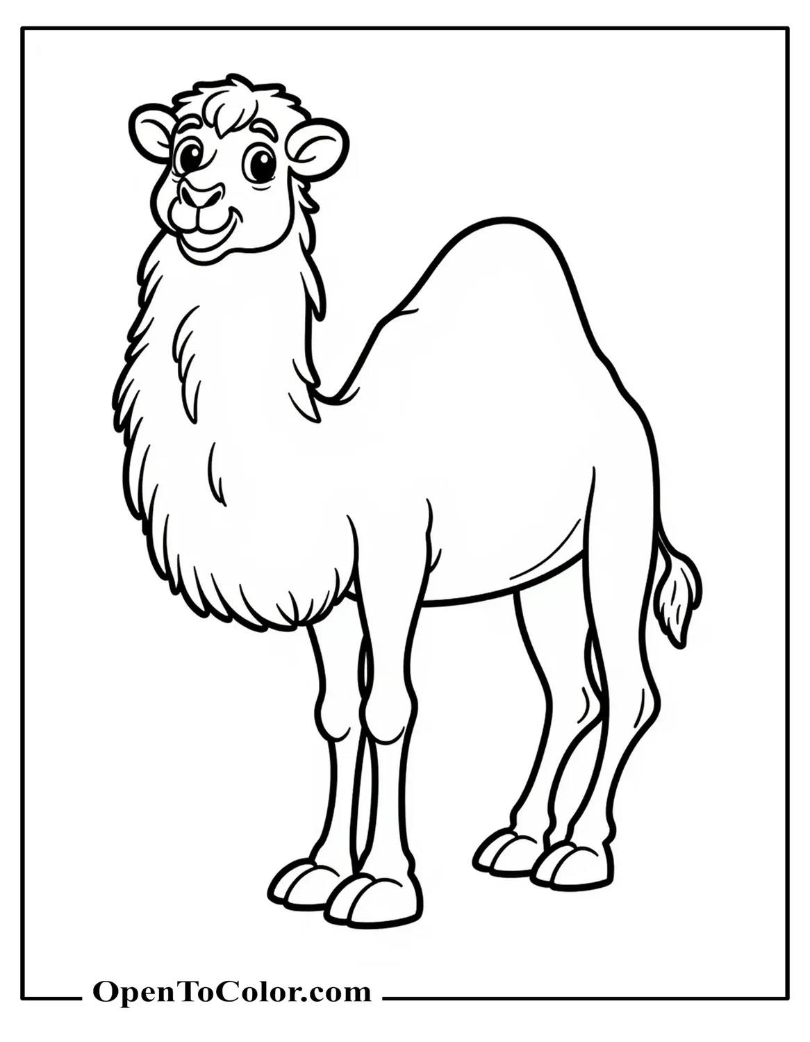 Easy front-facing camel coloring sheet with big round shapes, no small accessories, PDF.