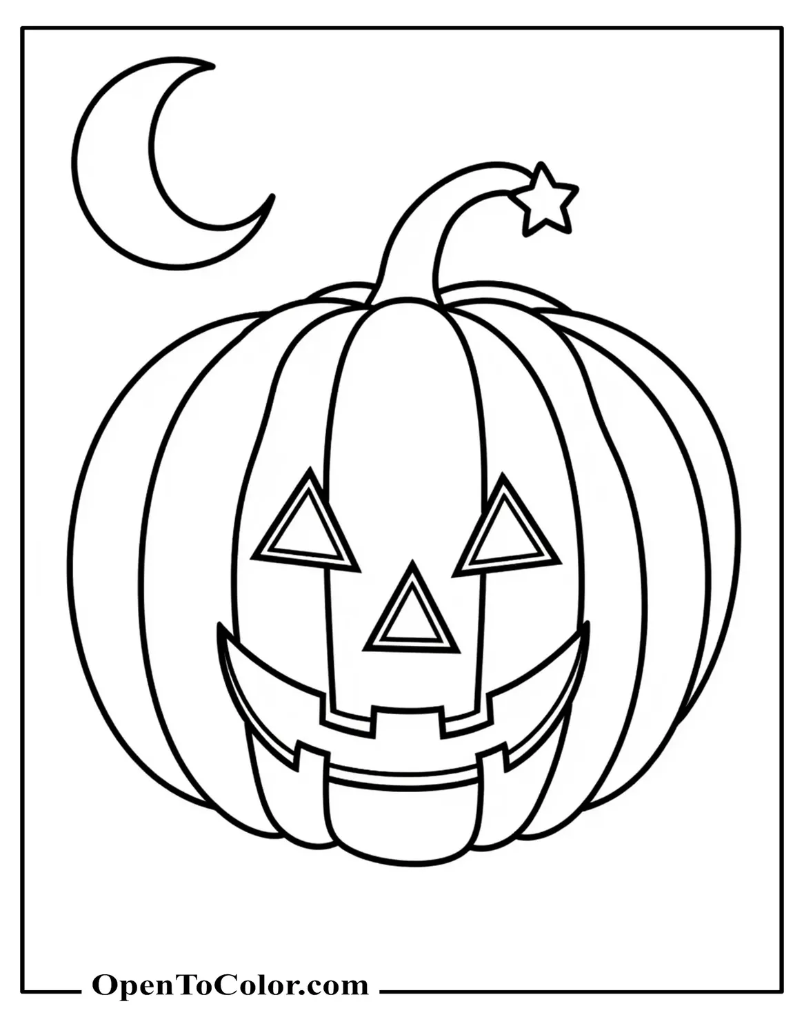 Free Coloring Sheet: Large Smiling Pumpkin with Triangle Eyes, Simple Moon and Star
