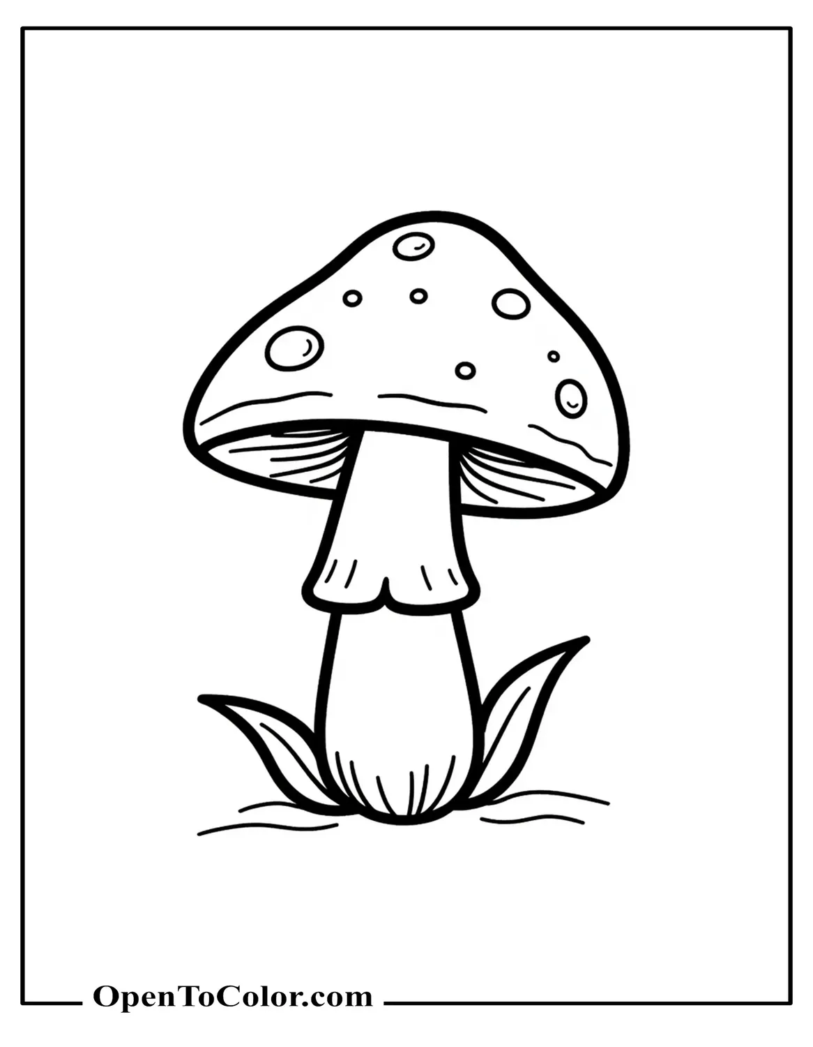 Easy Small Mushroom Coloring Sheet with Short Stem and Two Grass Blades, Printable