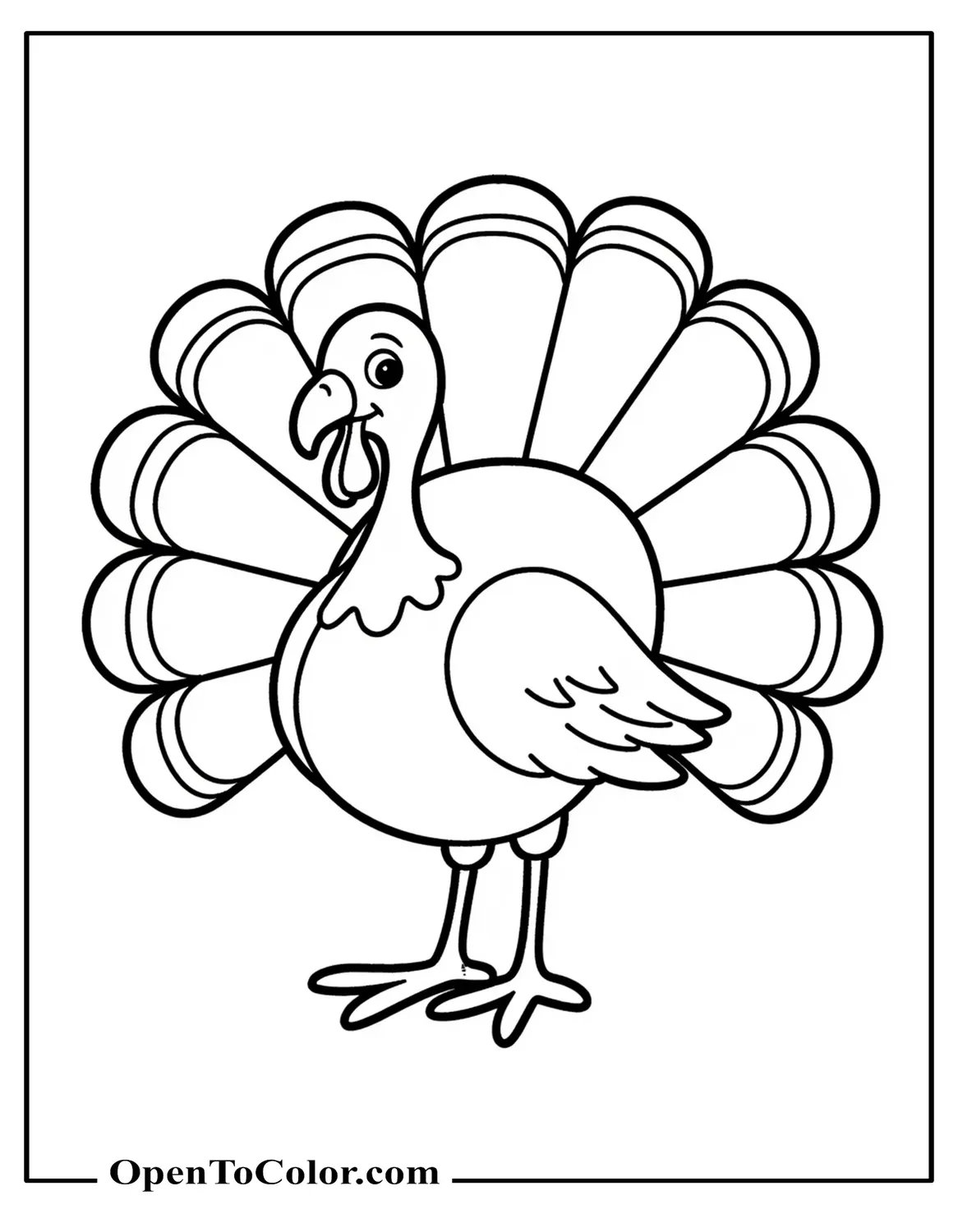 Free Coloring Sheet of Very Easy Turkey Outline with Big Tail Feathers and No Background