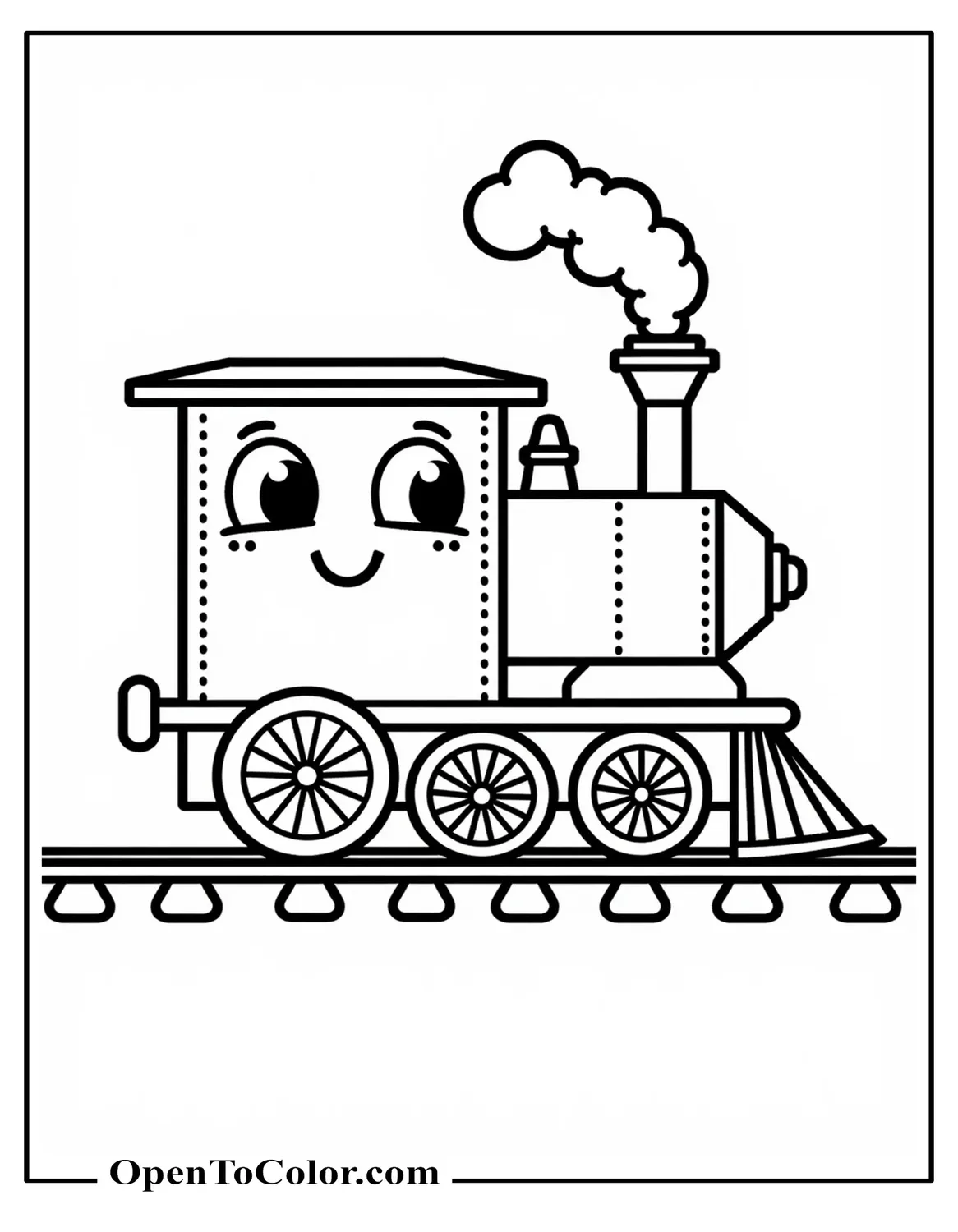 Free Kawaii style engine coloring page with friendly face and three big wheels on a short track.