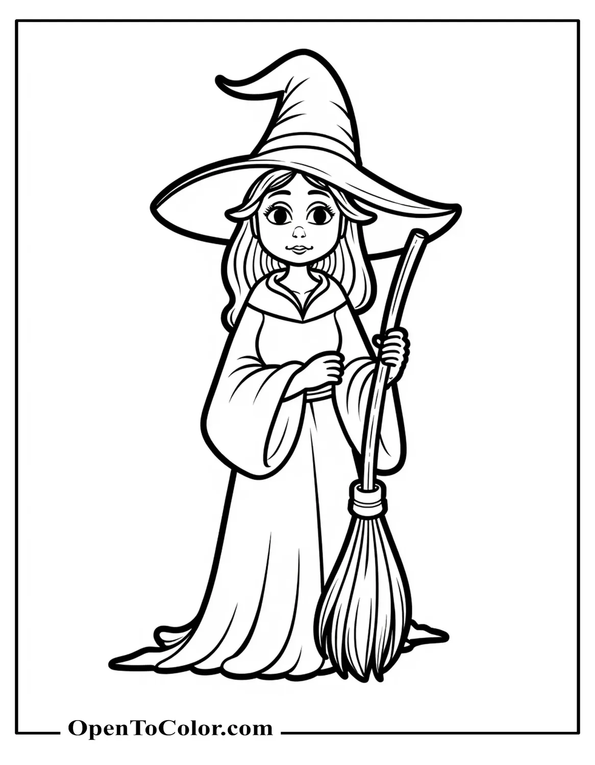 Free Coloring Page of a Simple Old Witch Front View Holding a Broom with Minimal Background and No Extra Objects