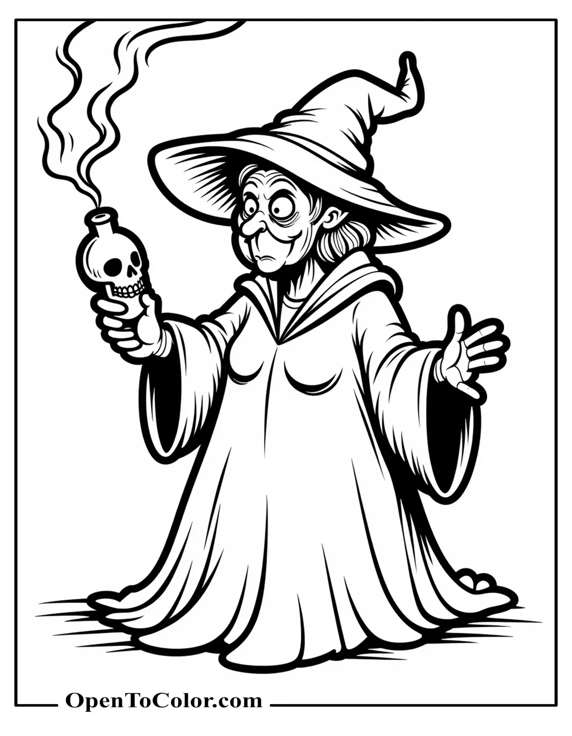 Evil Old Witch Clutching A Skull Shaped Bottle Smoke Spiral Rising Coloring Page PDF