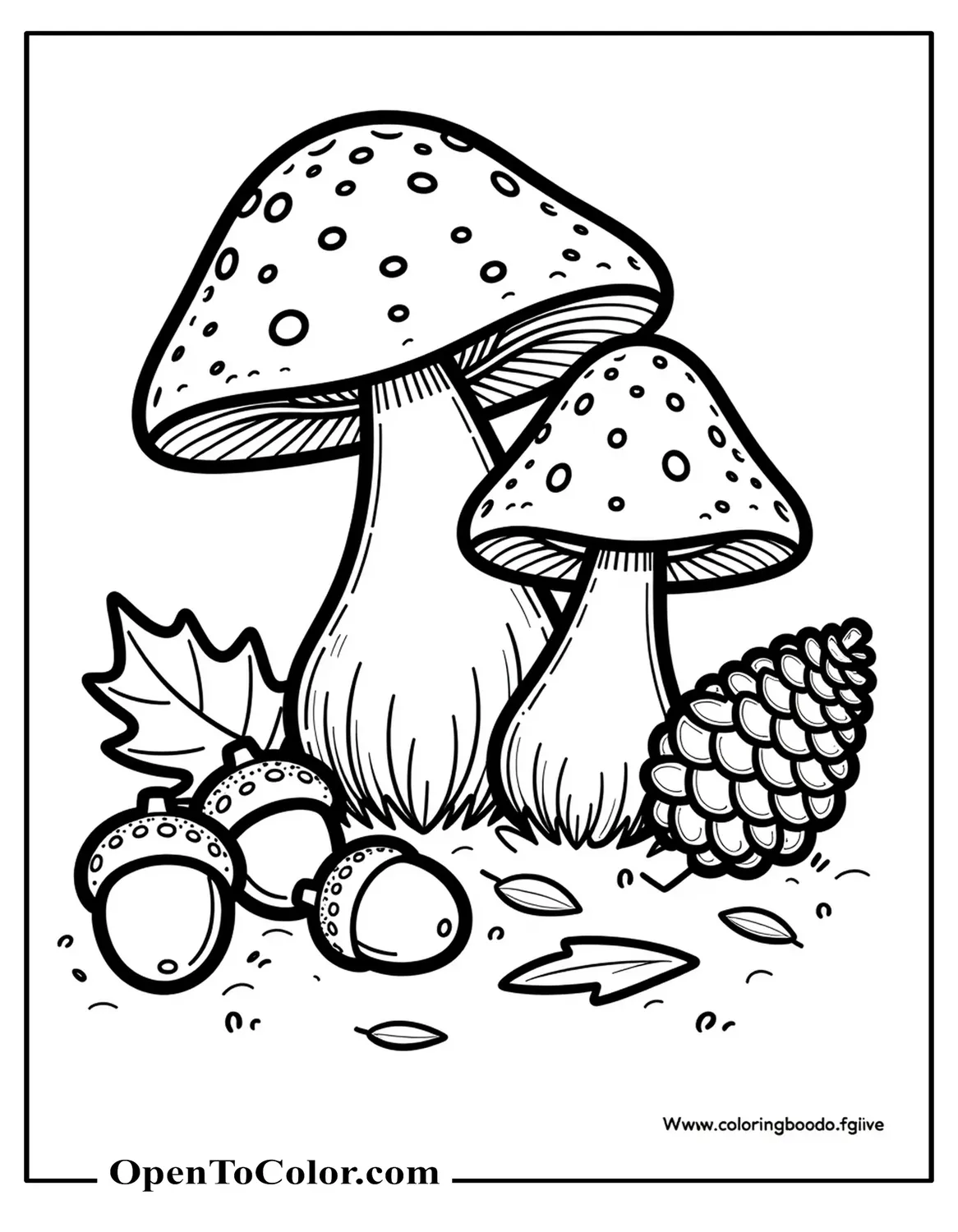 Autumn Scene Coloring Page With Mushrooms Among Fallen Leaves Acorns And A Pinecone PDF