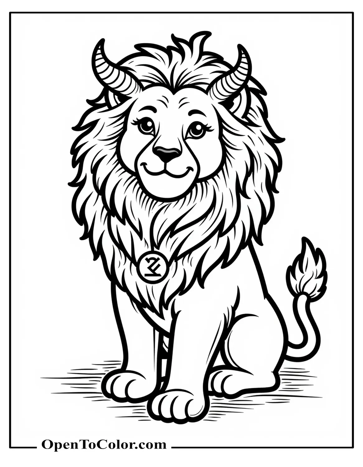 Free Fantasy Lion Coloring Page With Small Horns And Runes On A Collar