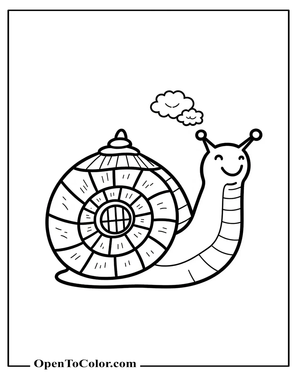 Free Coloring Sheet of a Snail With a Cottage on Its Shell Tiny Door Window and Chimney Smoke