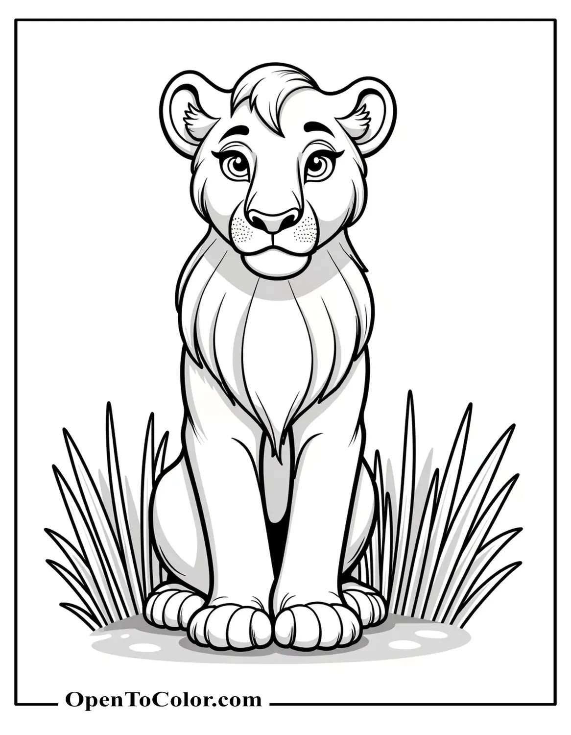 Female Lioness Standing Alert With Tall Grass Around, Coloring Sheet PDF