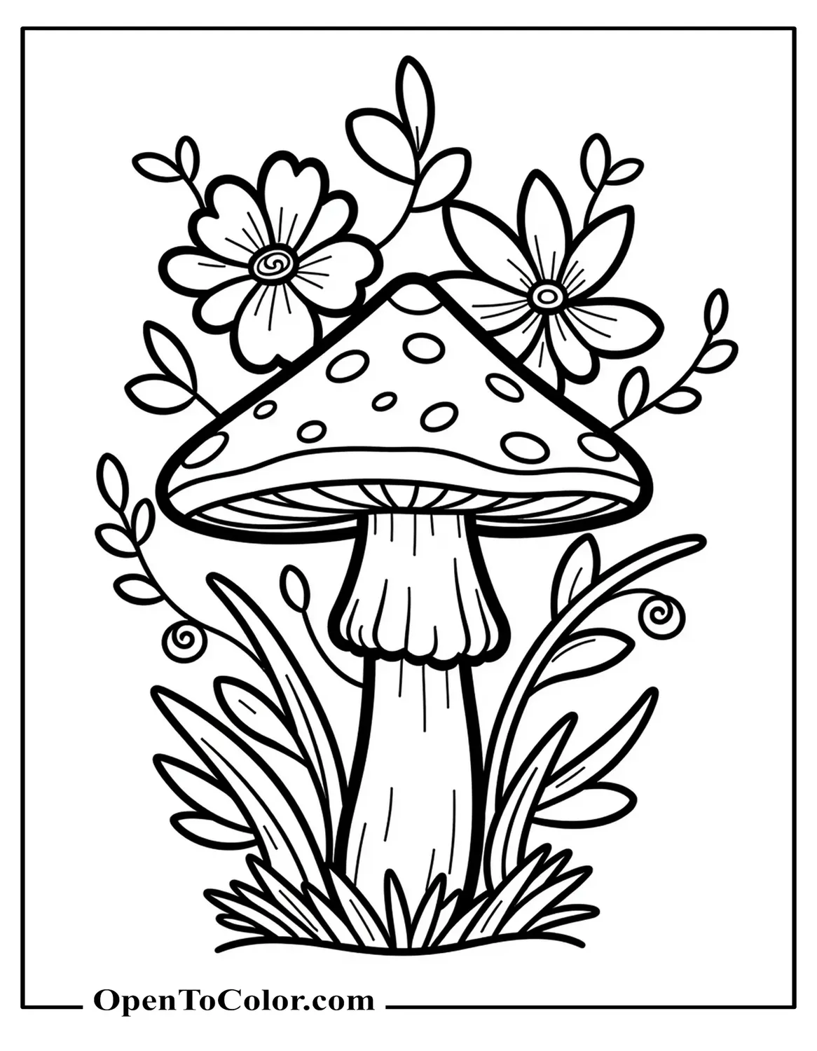 Printable Coloring Sheet of a Flower Bouquet Surrounding a Single Mushroom with Curling Vines and Petals