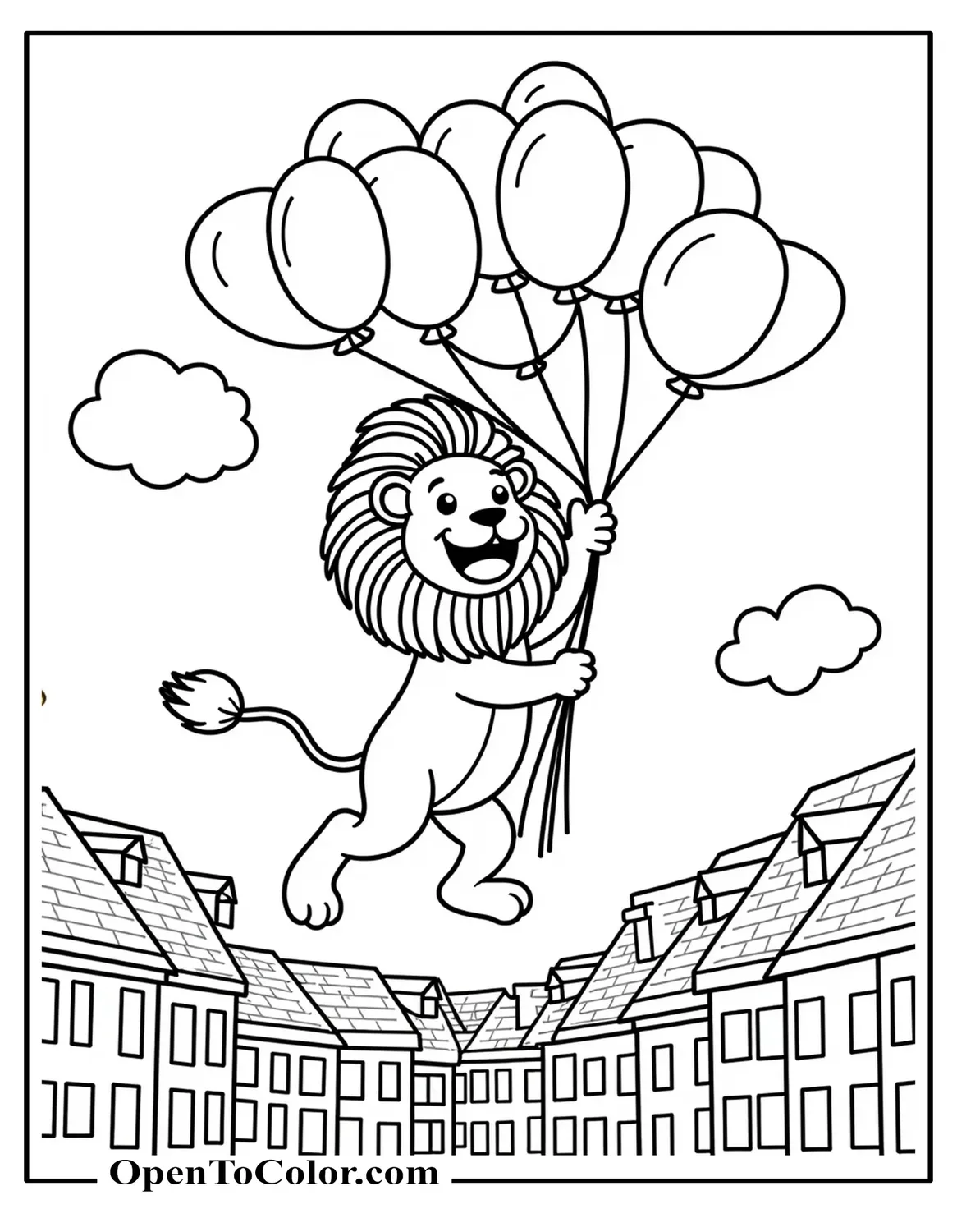 Coloring Page PDF of Flying Lion Holding a Bunch of Balloons Floating Over City Roofs