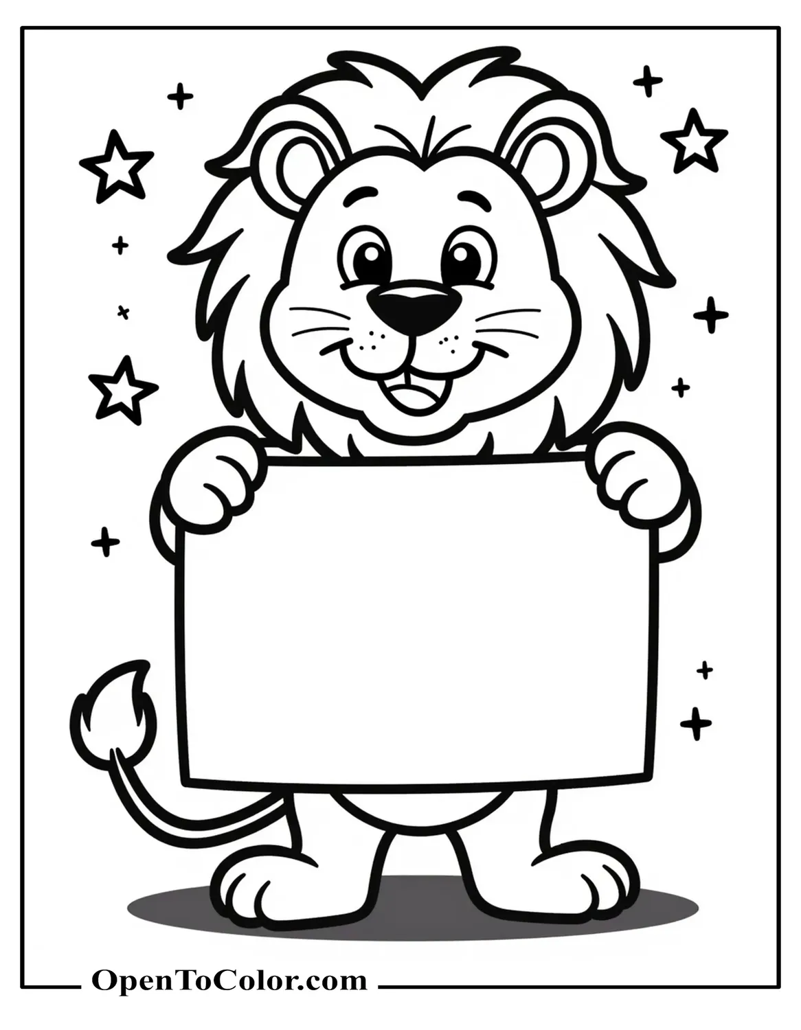 Printable coloring sheet of a happy lion holding a blank sign with stars around.