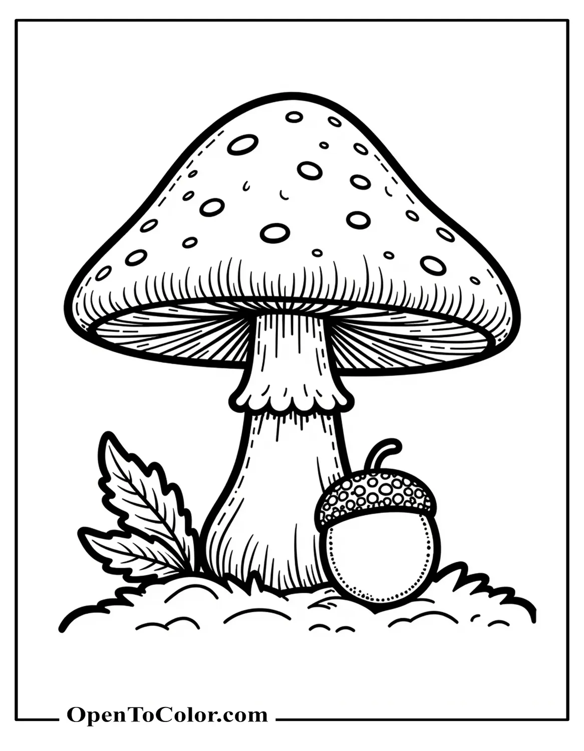 Large mushroom cap sheltering a tiny acorn and leaf on the ground, coloring sheet PDF.