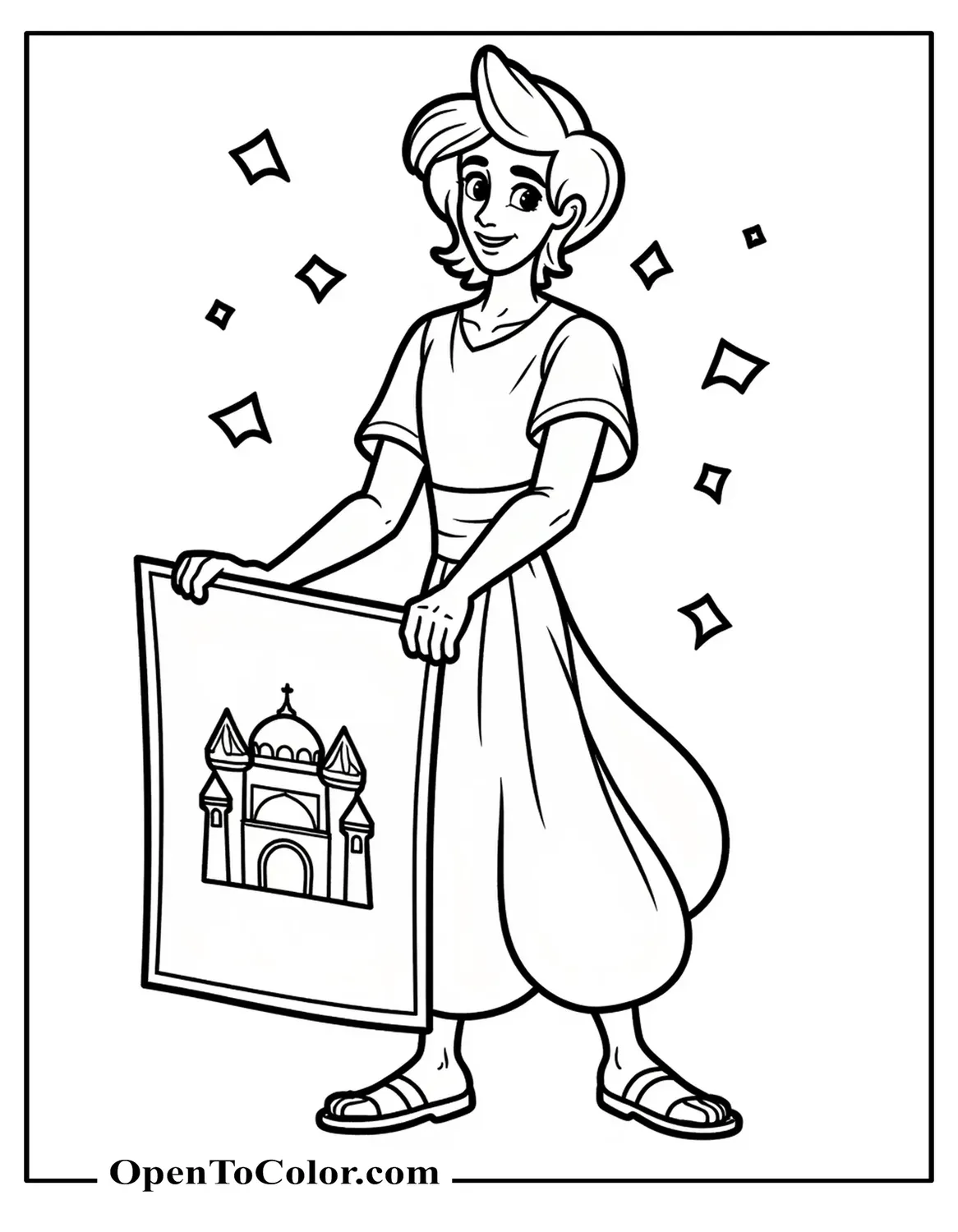 Free Coloring Page of Magic Carpet Unrolled With Tassels, Aladdin Kneeling to Step On, Palace Gate Behind